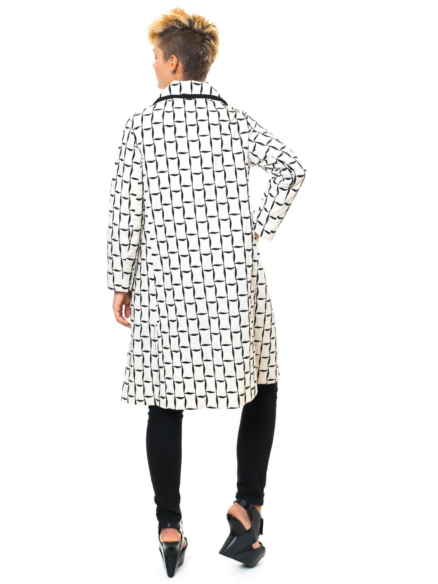 Gray 1960S Black & White Mod Geometric Embroidered Coat