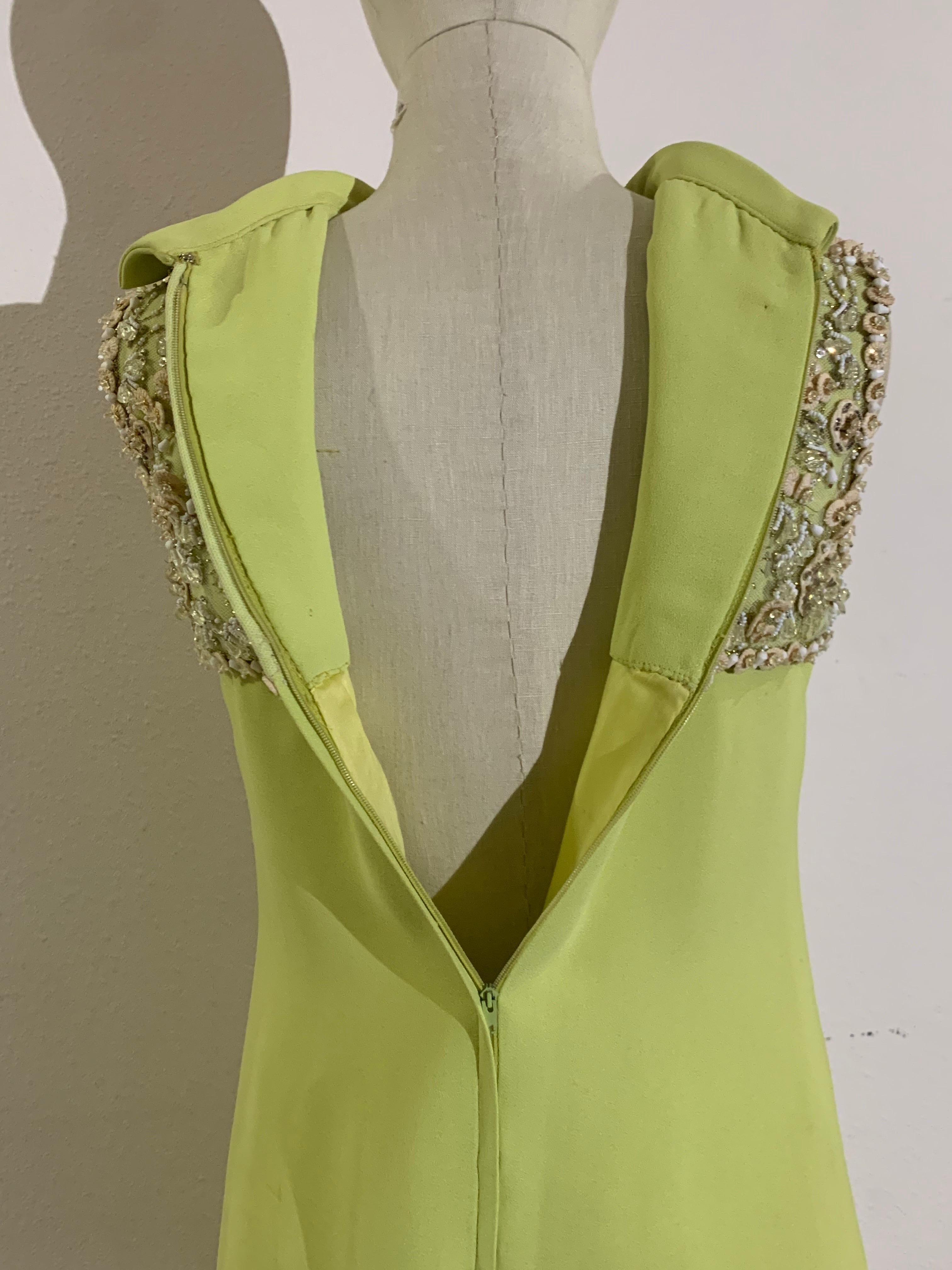 1960s Nan Duskin Chartreuse Green Silk Crepe Mini Dress w Beaded Shoulders 7