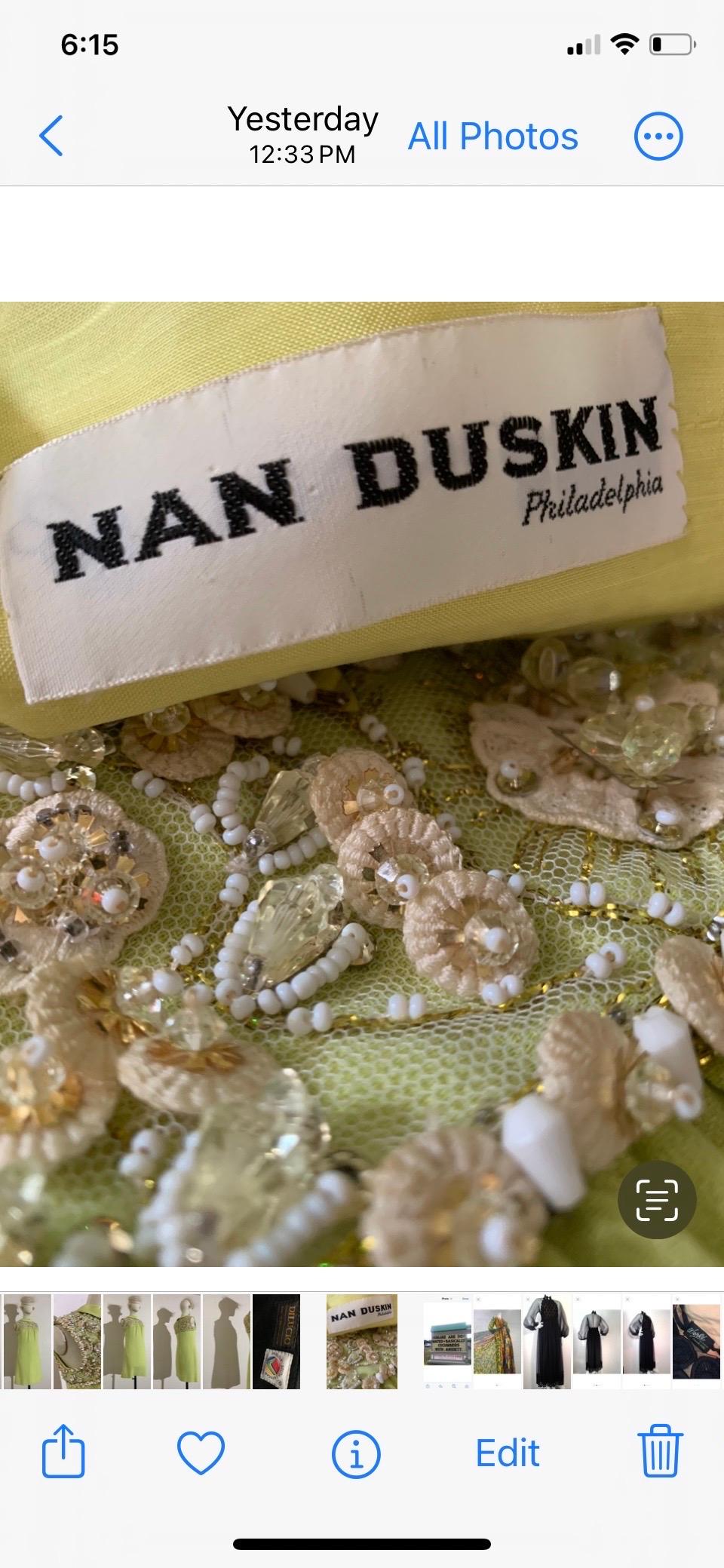 1960s Nan Duskin Chartreuse Green Silk Crepe Mini Dress w Beaded Shoulders 8