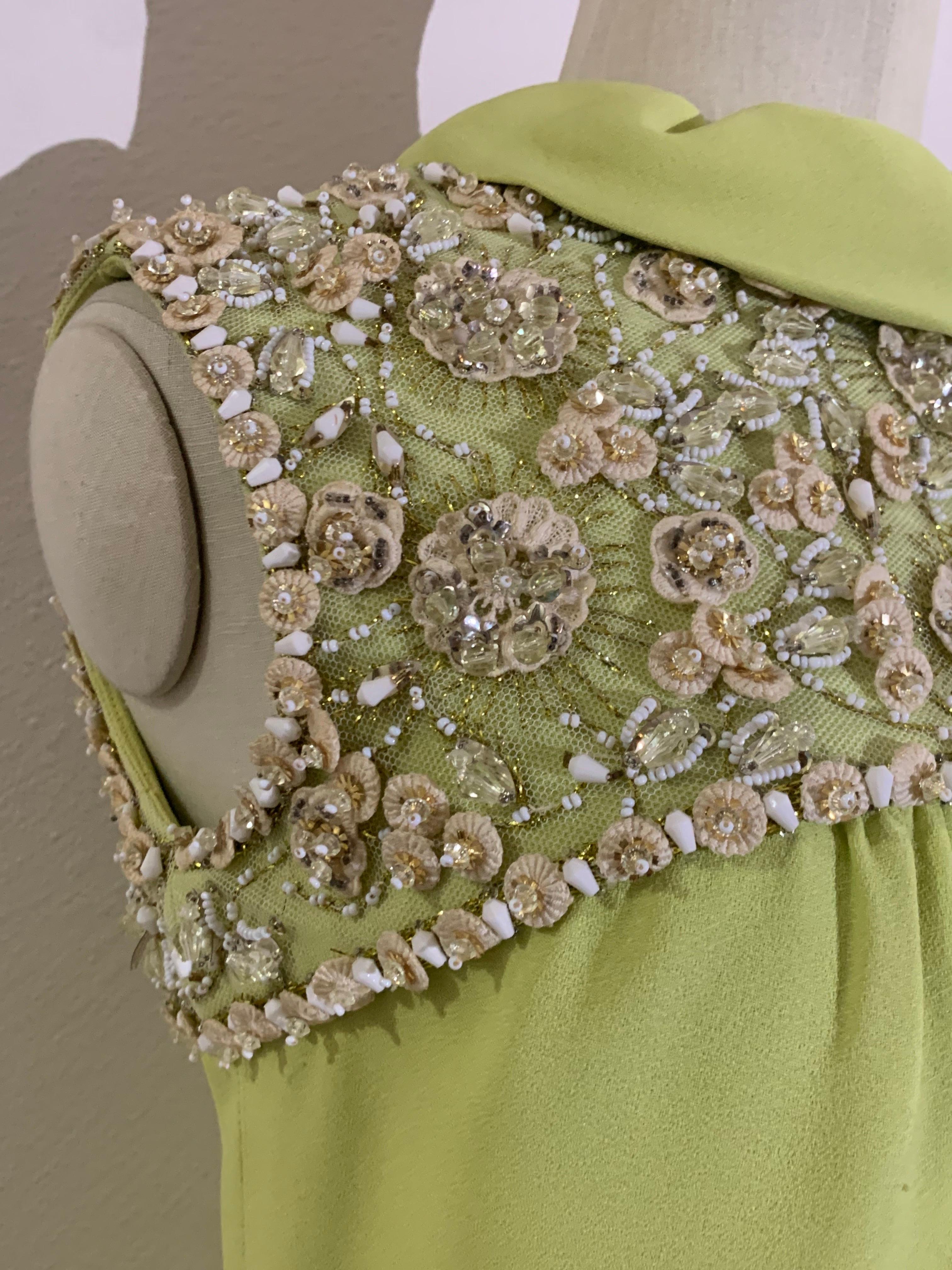 1960s Nan Duskin Chartreuse Green Silk Crepe Mini Dress w Beaded Shoulders In Good Condition In Gresham, OR