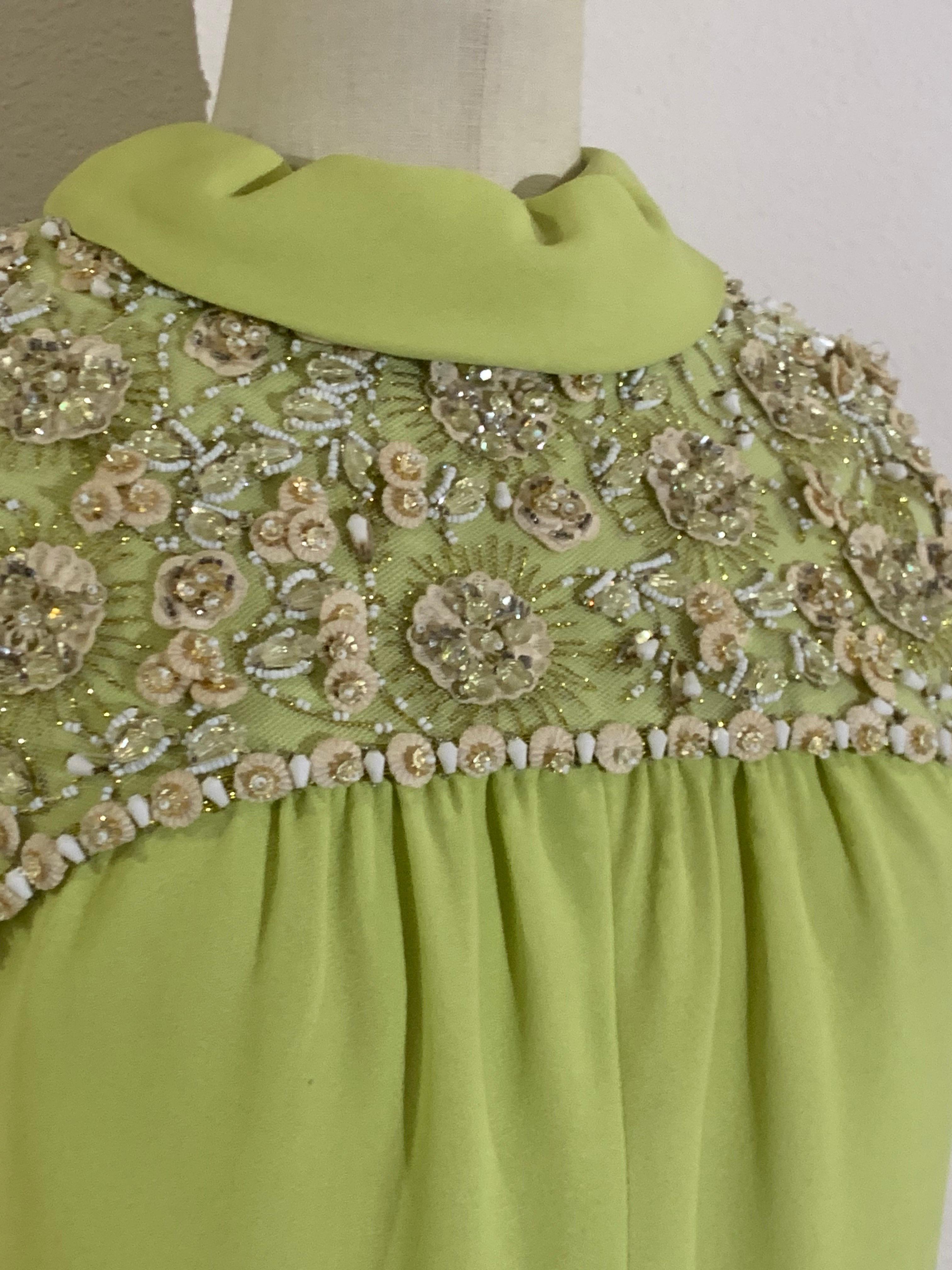 Women's 1960s Nan Duskin Chartreuse Green Silk Crepe Mini Dress w Beaded Shoulders