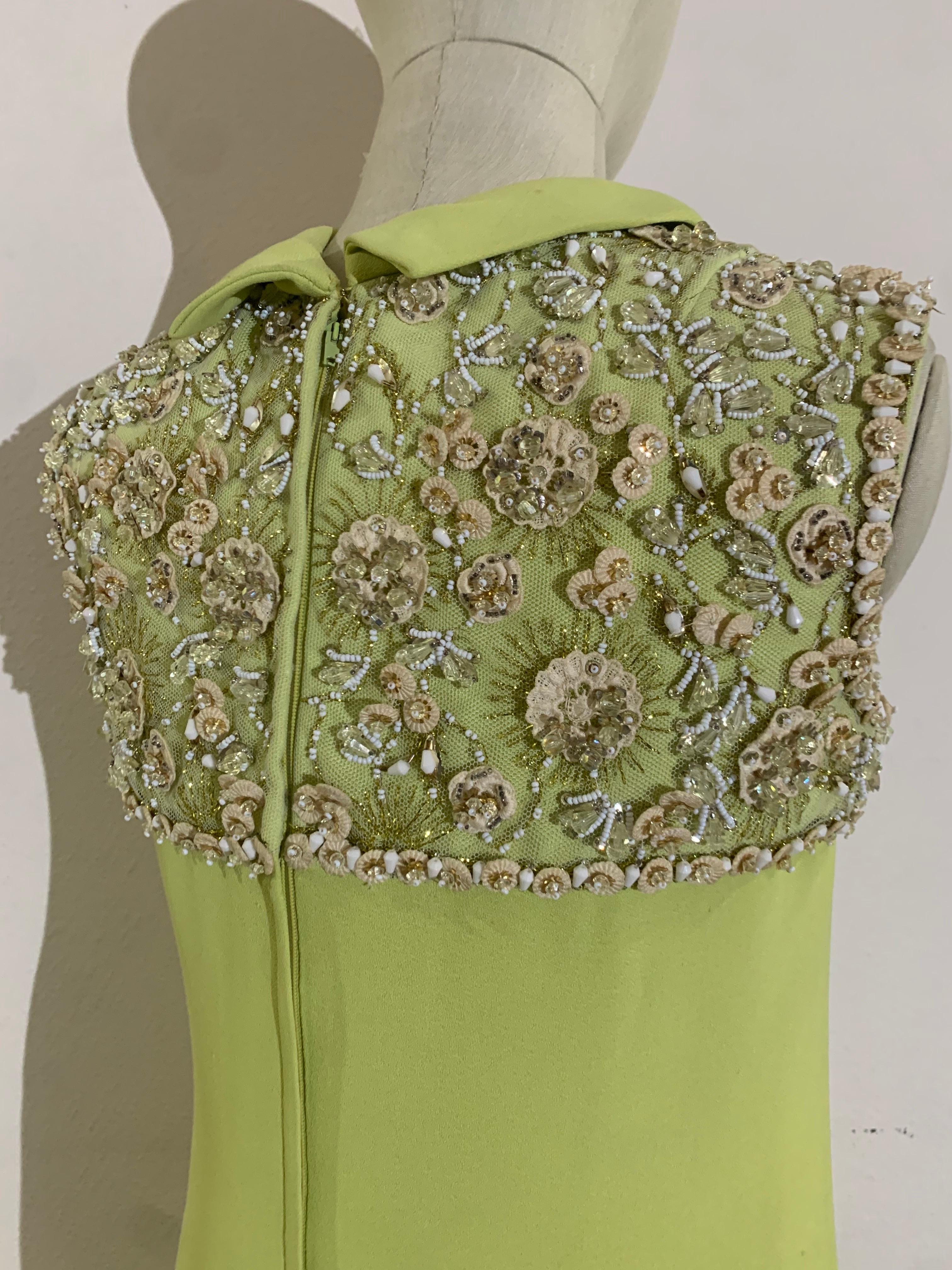 1960s Nan Duskin Chartreuse Green Silk Crepe Mini Dress w Beaded Shoulders 1