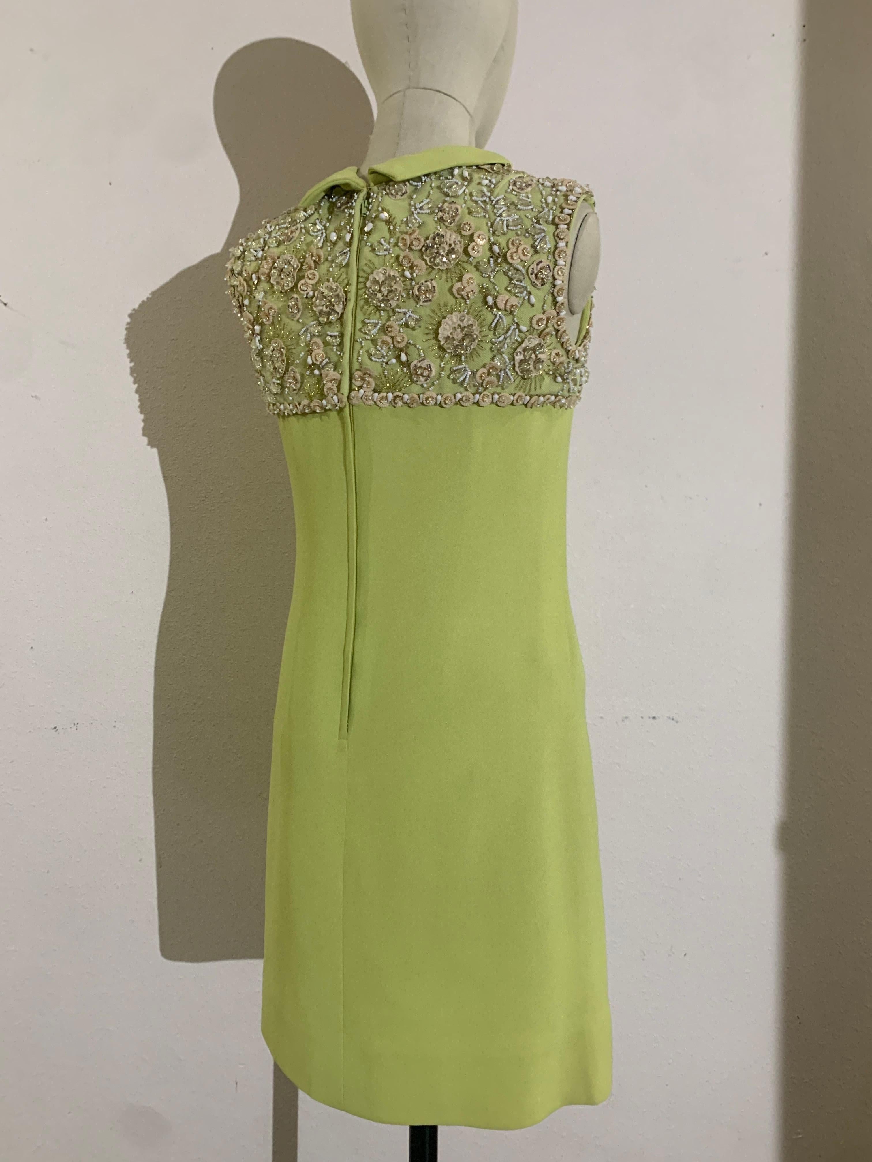1960s Nan Duskin Chartreuse Green Silk Crepe Mini Dress w Beaded Shoulders 2