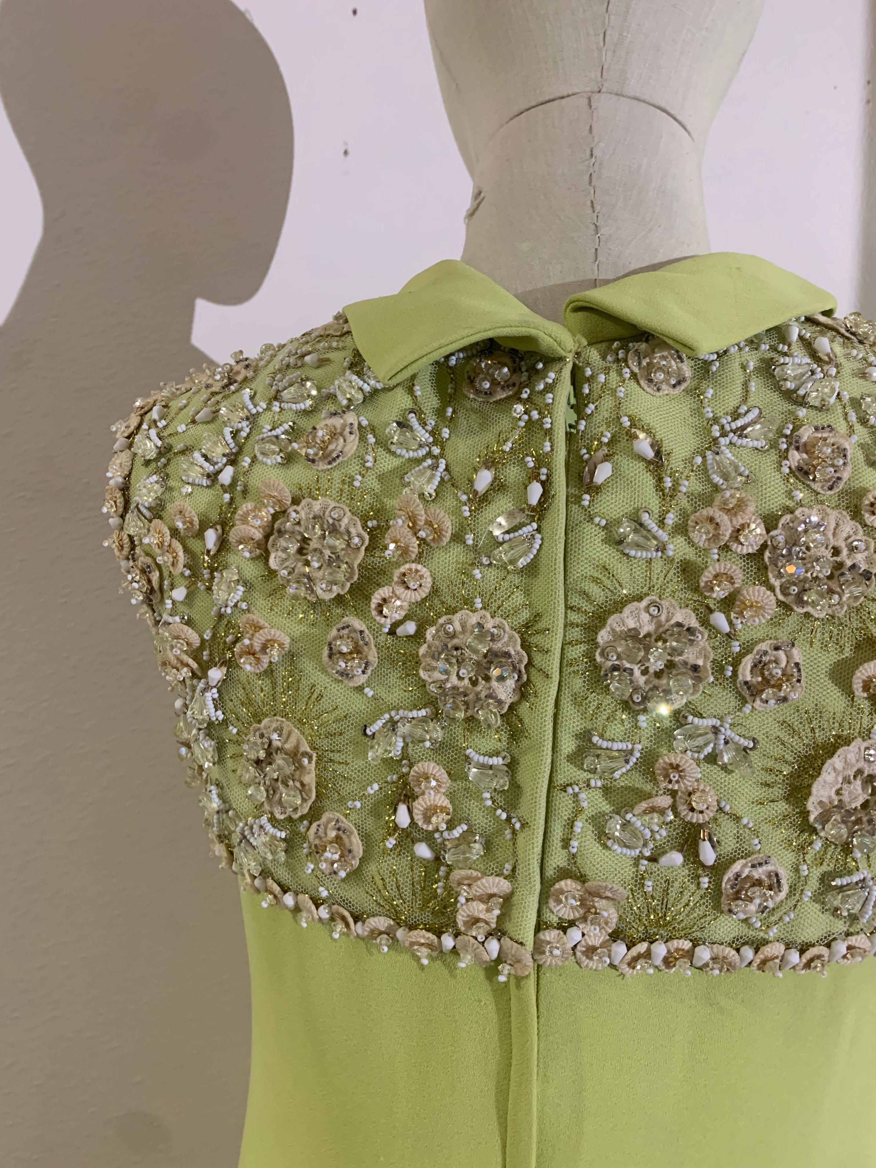 1960s Nan Duskin Chartreuse Green Silk Crepe Mini Dress w Beaded Shoulders 3
