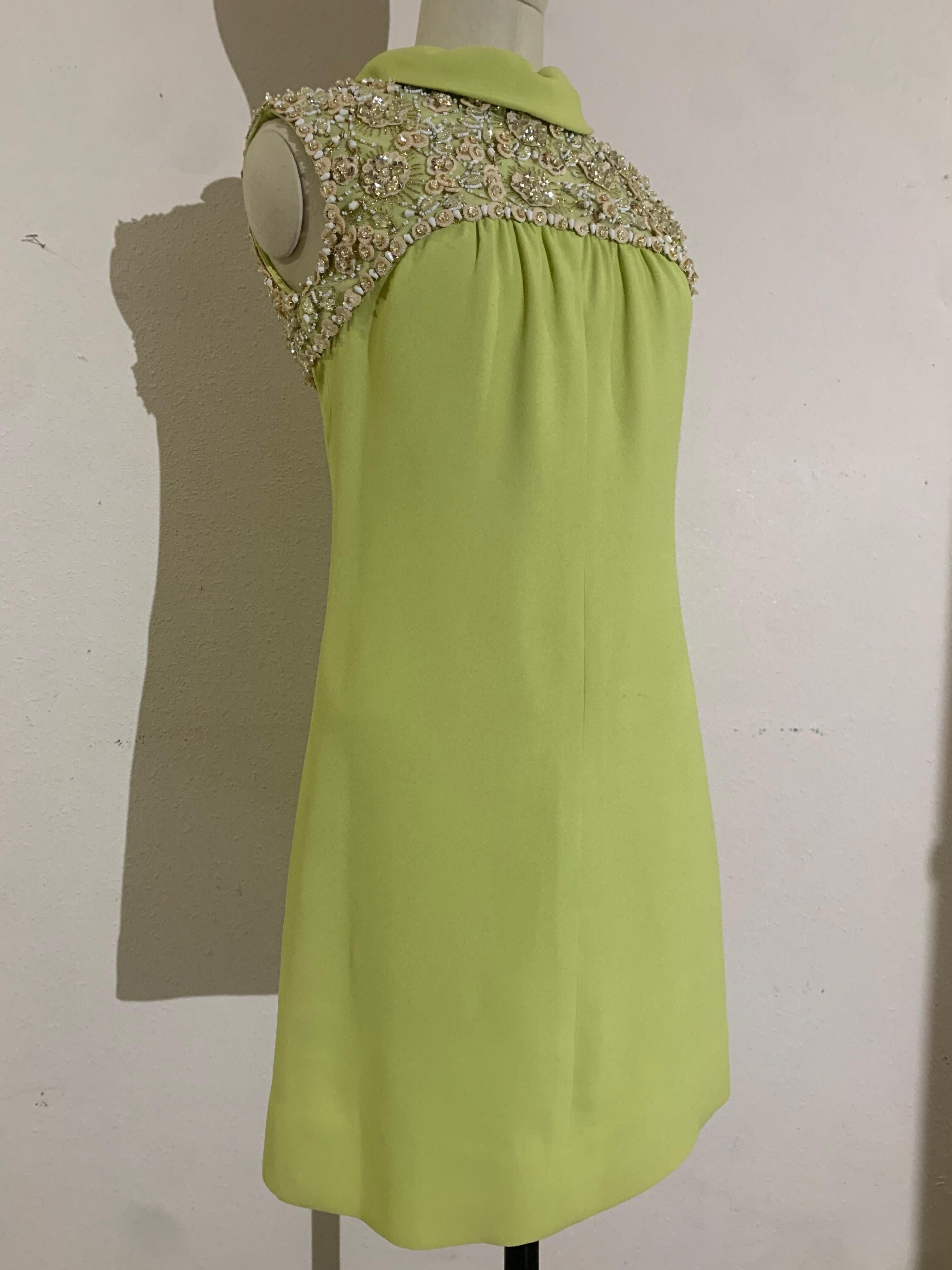 1960s Nan Duskin Chartreuse Green Silk Crepe Mini Dress w Beaded Shoulders 5