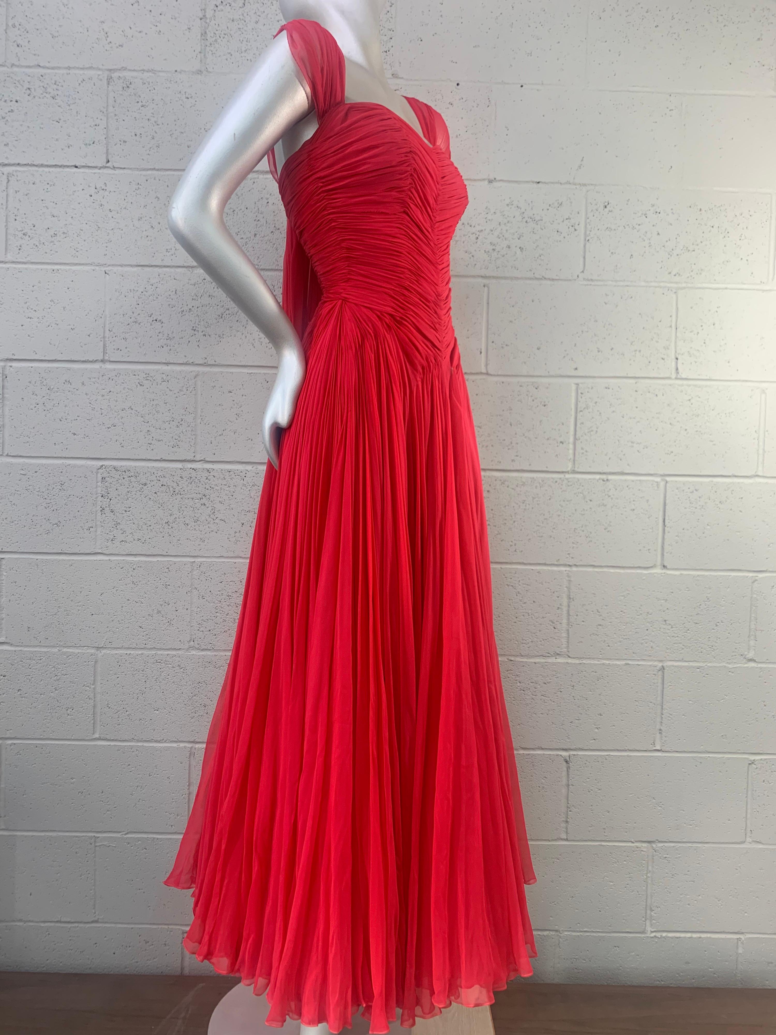 1960s Nanty - Paris Red Silk Chiffon Goddess Gown a la Jean Desses: Nanty was an elite New York label that adapted French haute couture designs for American clients. This design features boned and structured bodice, ruched and gathered symmetrical
