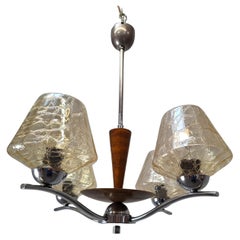 1960s Napako Mid-Century Modern Czech Four Arm Glass Wood Chrome Chandelier