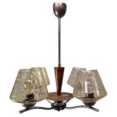 1960s Napako Mid-Century Modern Czech Four Arm Glass Wood Chrome Chandelier