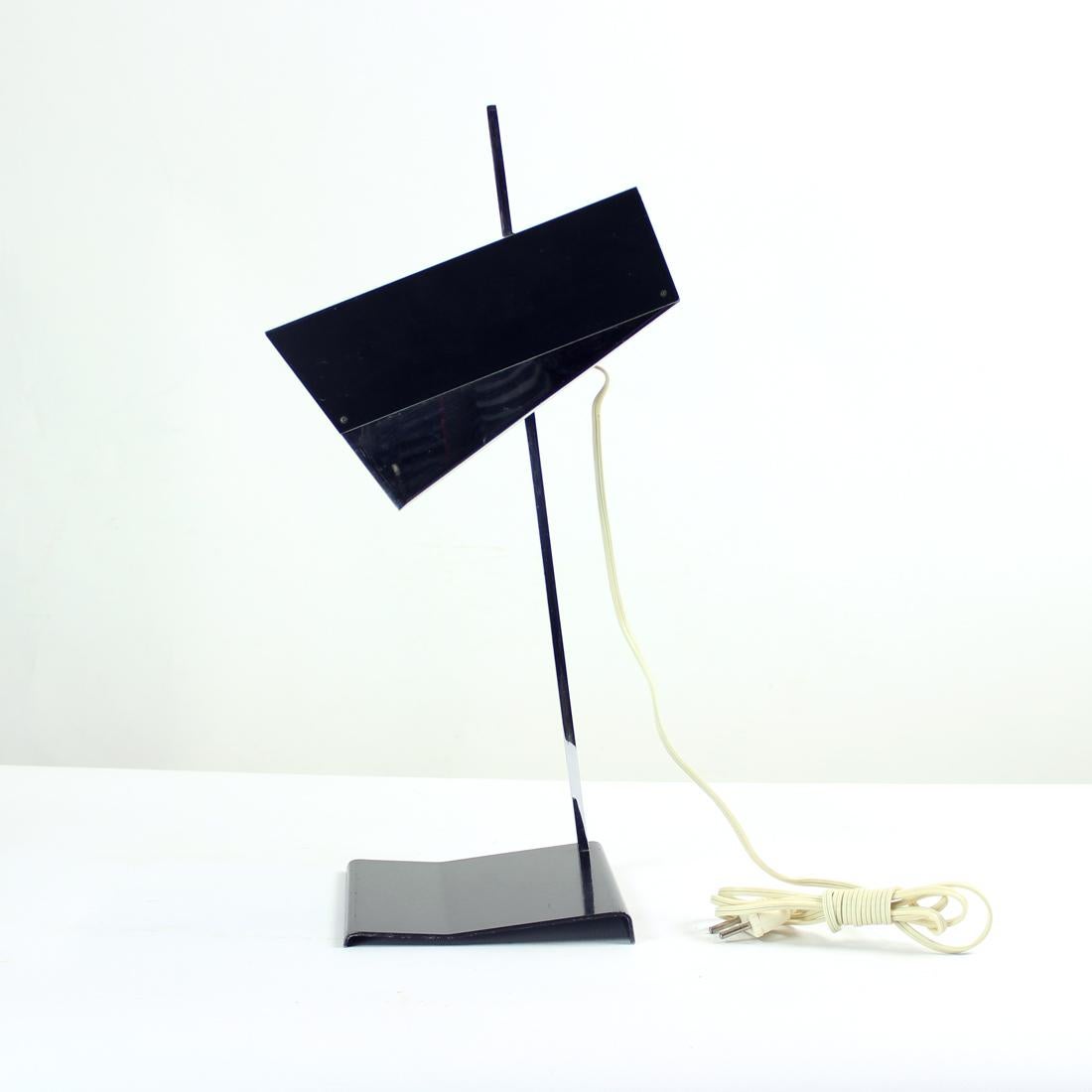 Iconic table lamp produced in 1960s by Napako company, designed by Josef Hurka. The lamp is a strong design feature. The base and construction is made out of black metal with chrome details on the shield and construction. Beautiful condition of the