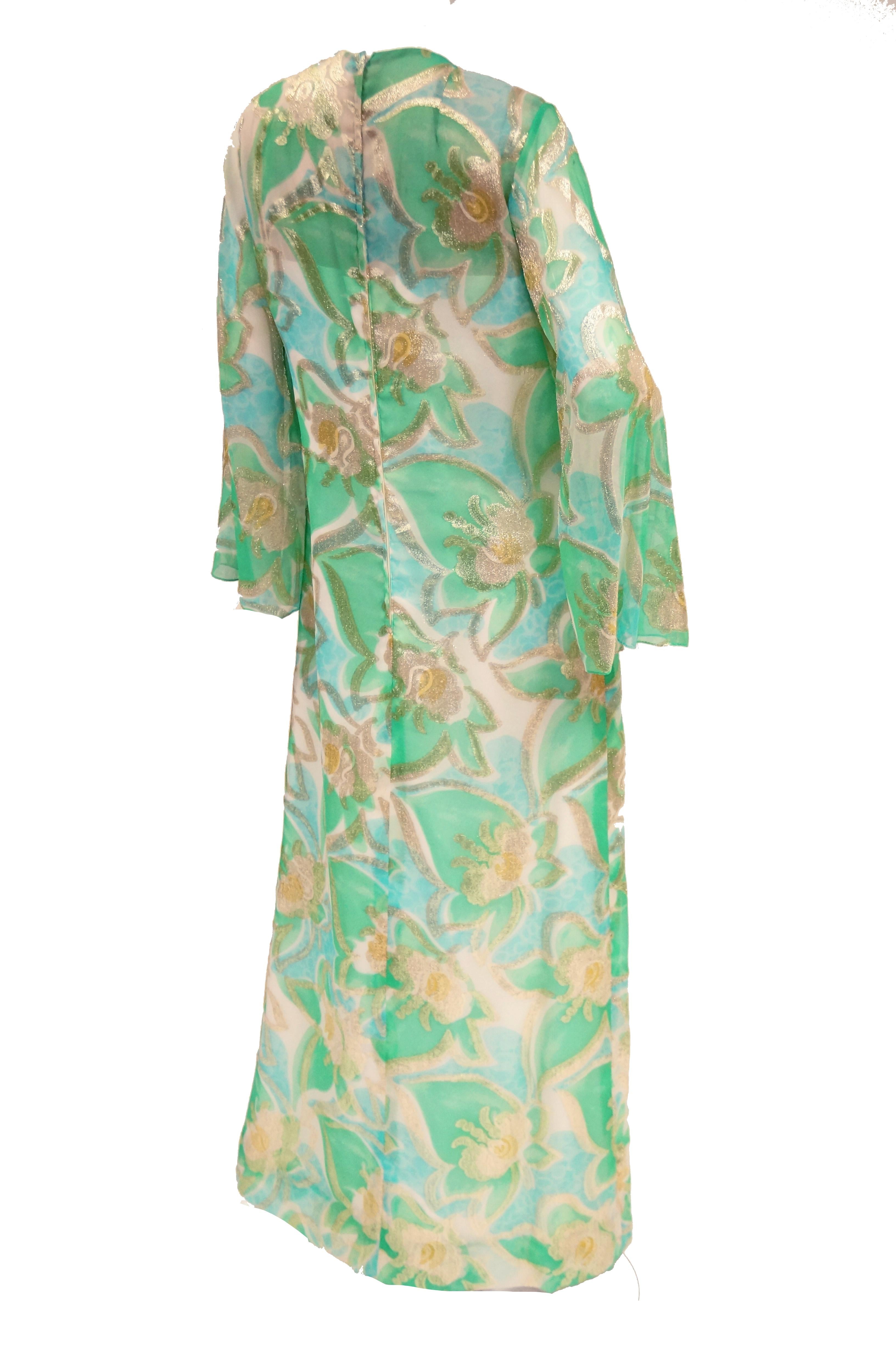 1960s Nat Kaplan Couture Green, Blue, and Gold Kaftan Dress In Excellent Condition For Sale In Houston, TX