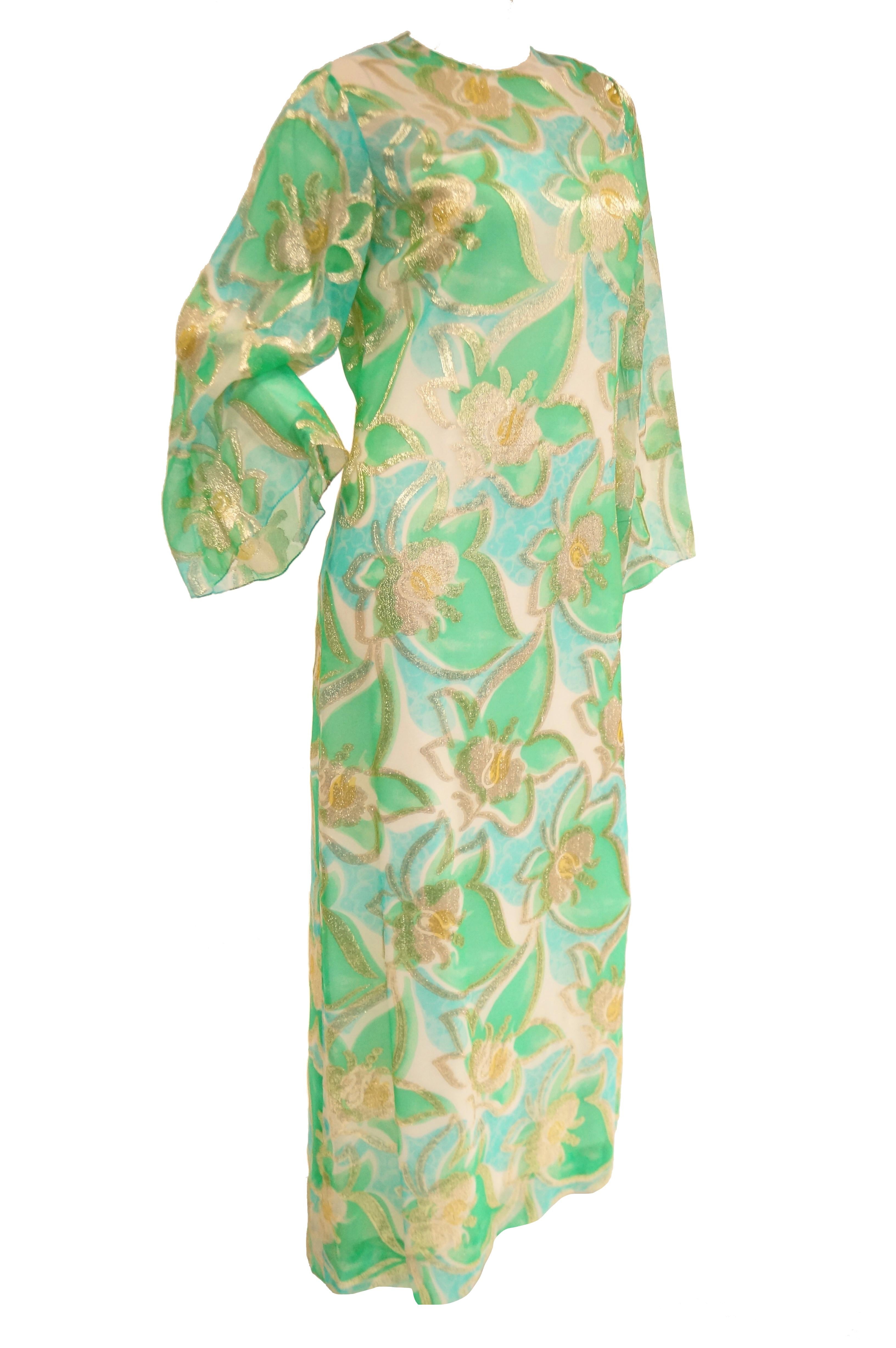 Women's or Men's 1960s Nat Kaplan Couture Green, Blue, and Gold Kaftan Dress For Sale