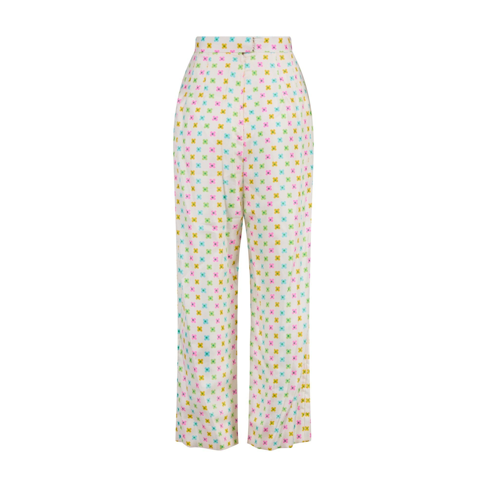 Women's 1960s Nat Kaplan Floral Green and Pink Striped Jacket and Trouser Set For Sale