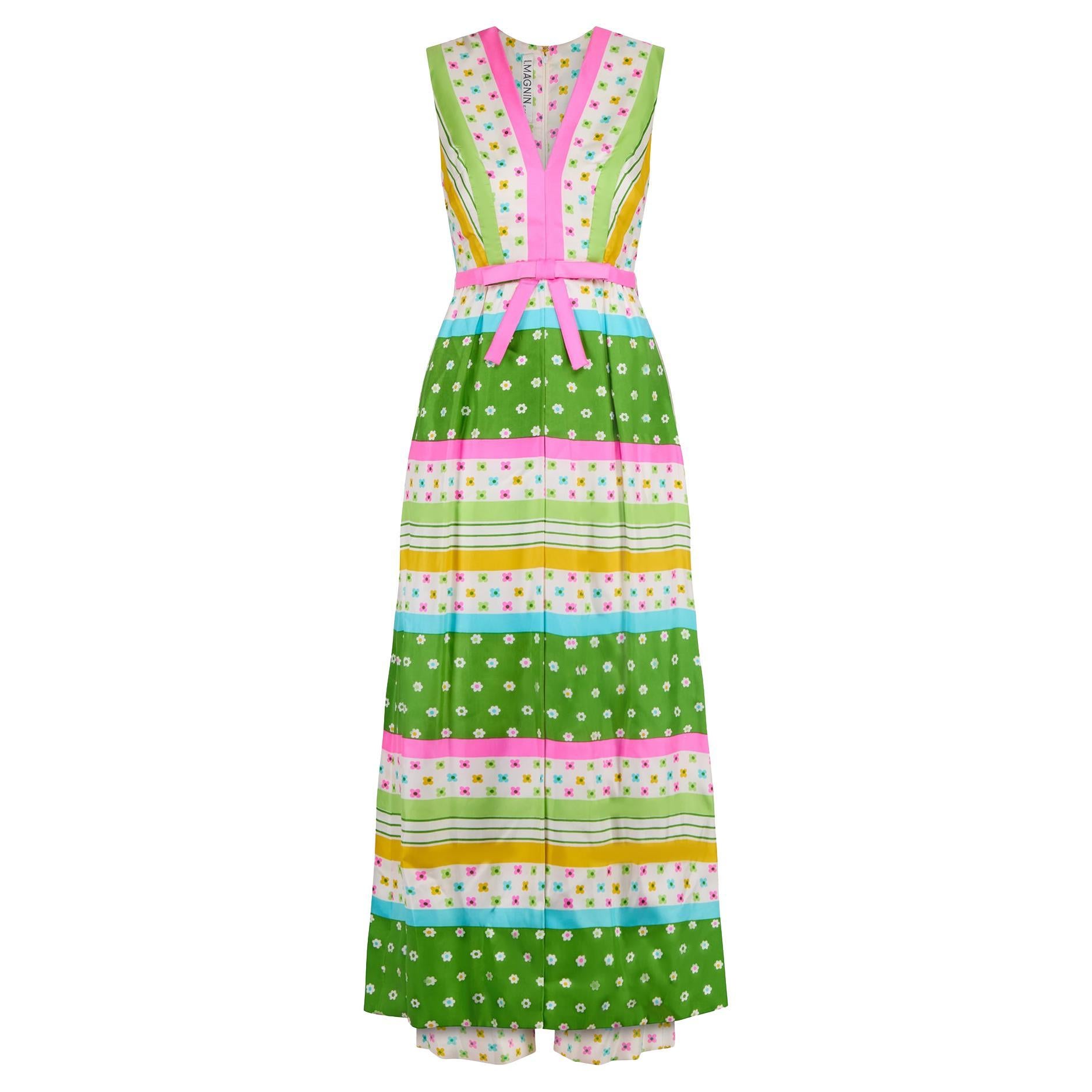 1960s Nat Kaplan Floral Green and Pink Striped Jacket and Trouser Set For Sale