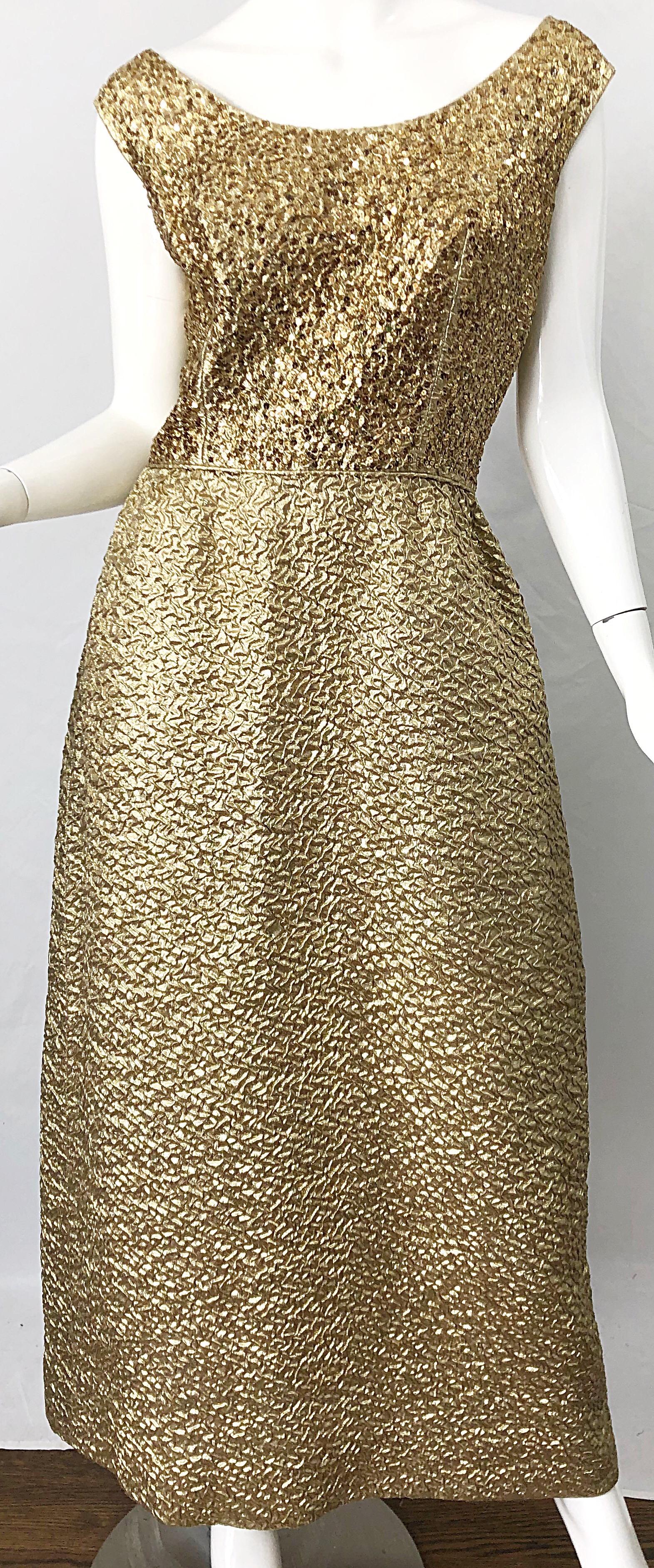 1960s Nat Kaplan Gold Sequin Rhinestone Encrusted Vintage 60s Evening Gown Dress For Sale 3