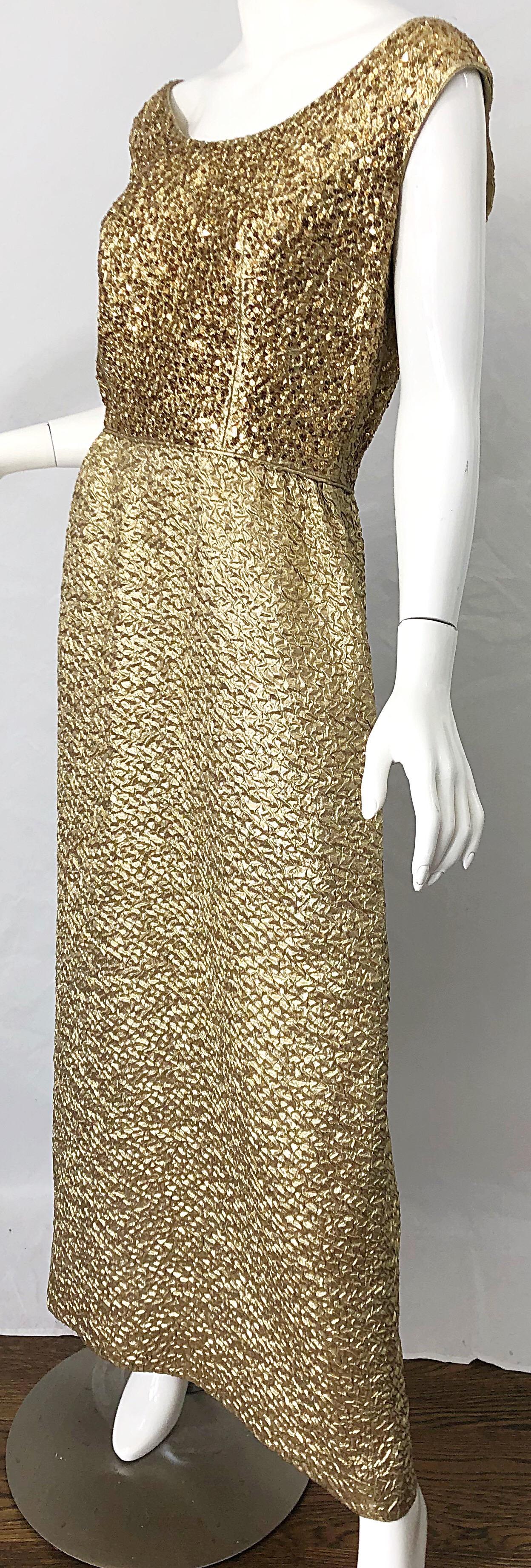 1960s Nat Kaplan Gold Sequin Rhinestone Encrusted Vintage 60s Evening Gown Dress For Sale 4