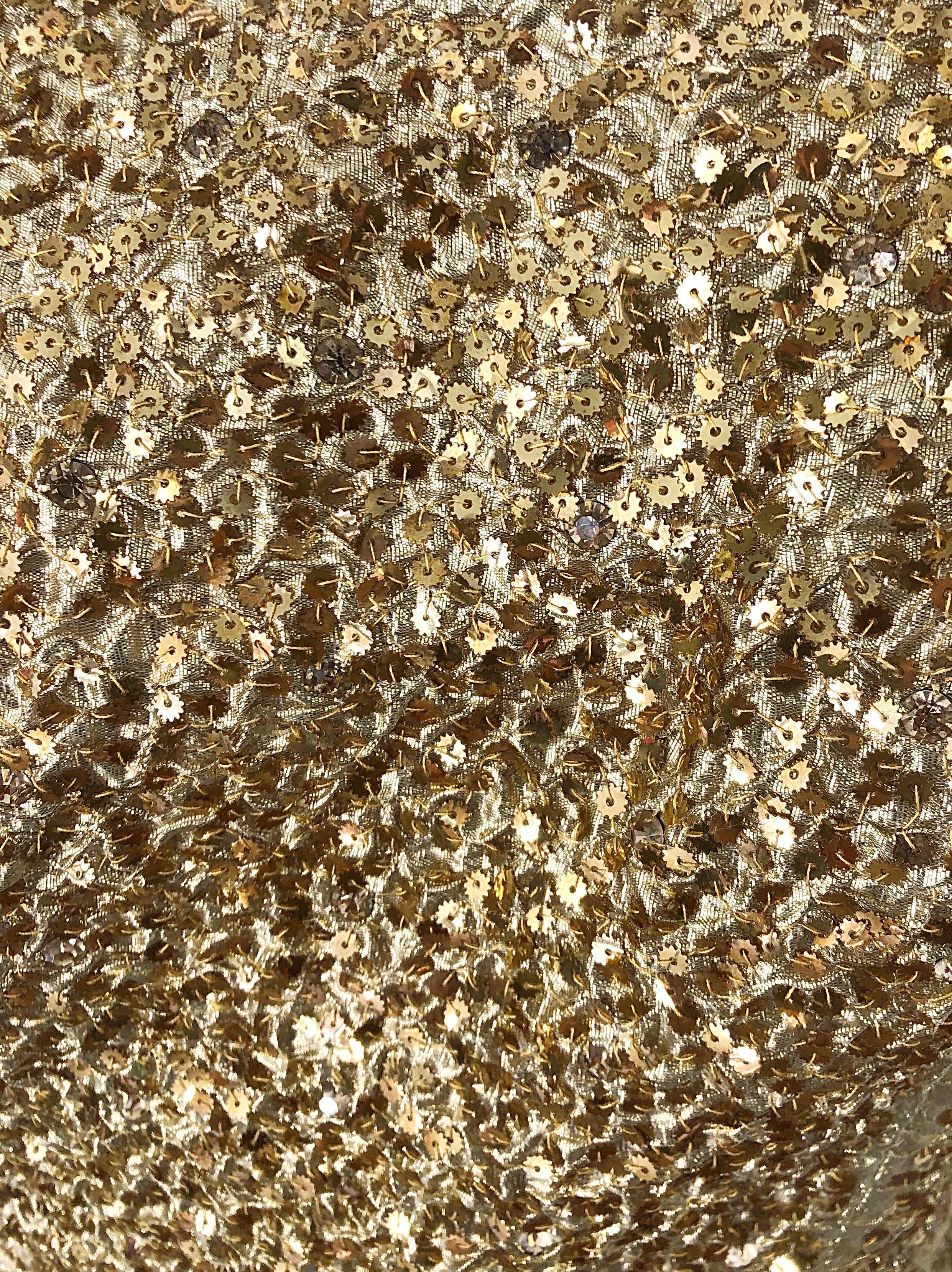 1960s Nat Kaplan Gold Sequin Rhinestone Encrusted Vintage 60s Evening Gown Dress For Sale 5
