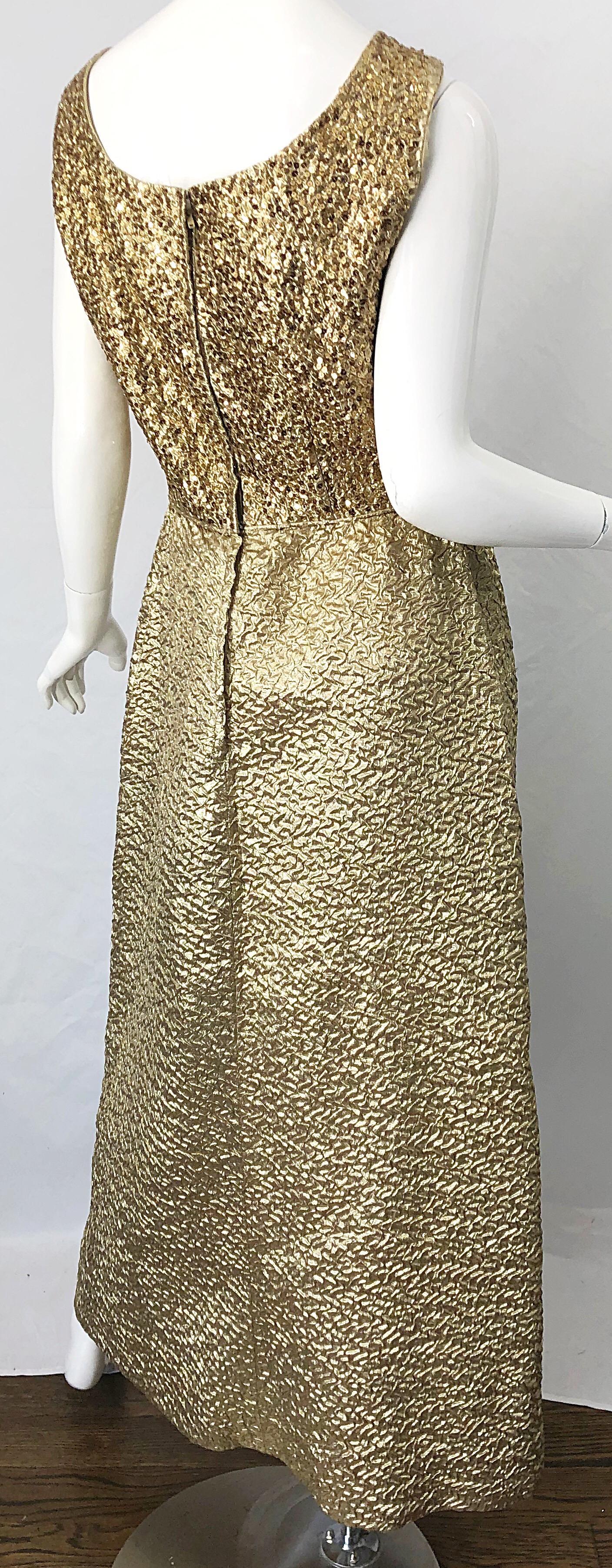 1960s Nat Kaplan Gold Sequin Rhinestone Encrusted Vintage 60s Evening Gown Dress For Sale 6