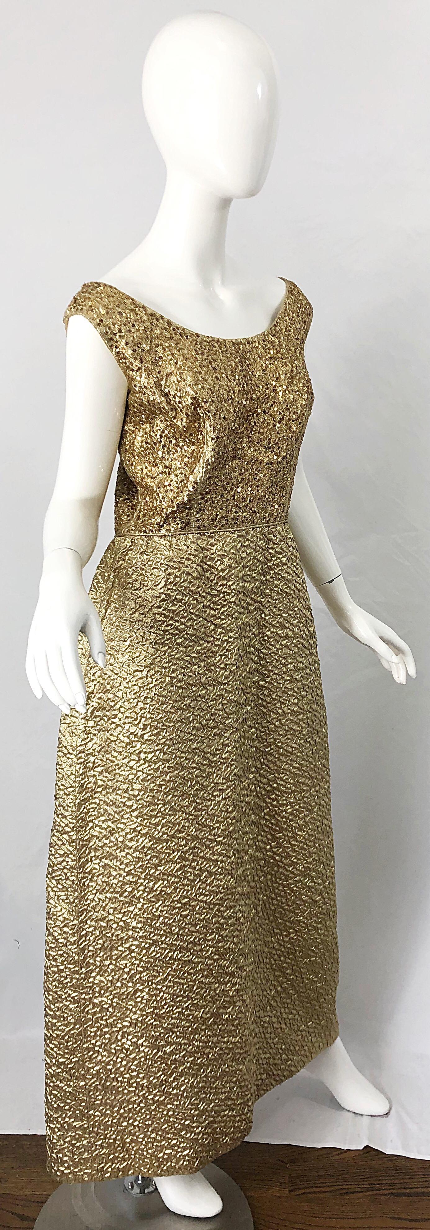 1960s Nat Kaplan Gold Sequin Rhinestone Encrusted Vintage 60s Evening Gown Dress For Sale 7