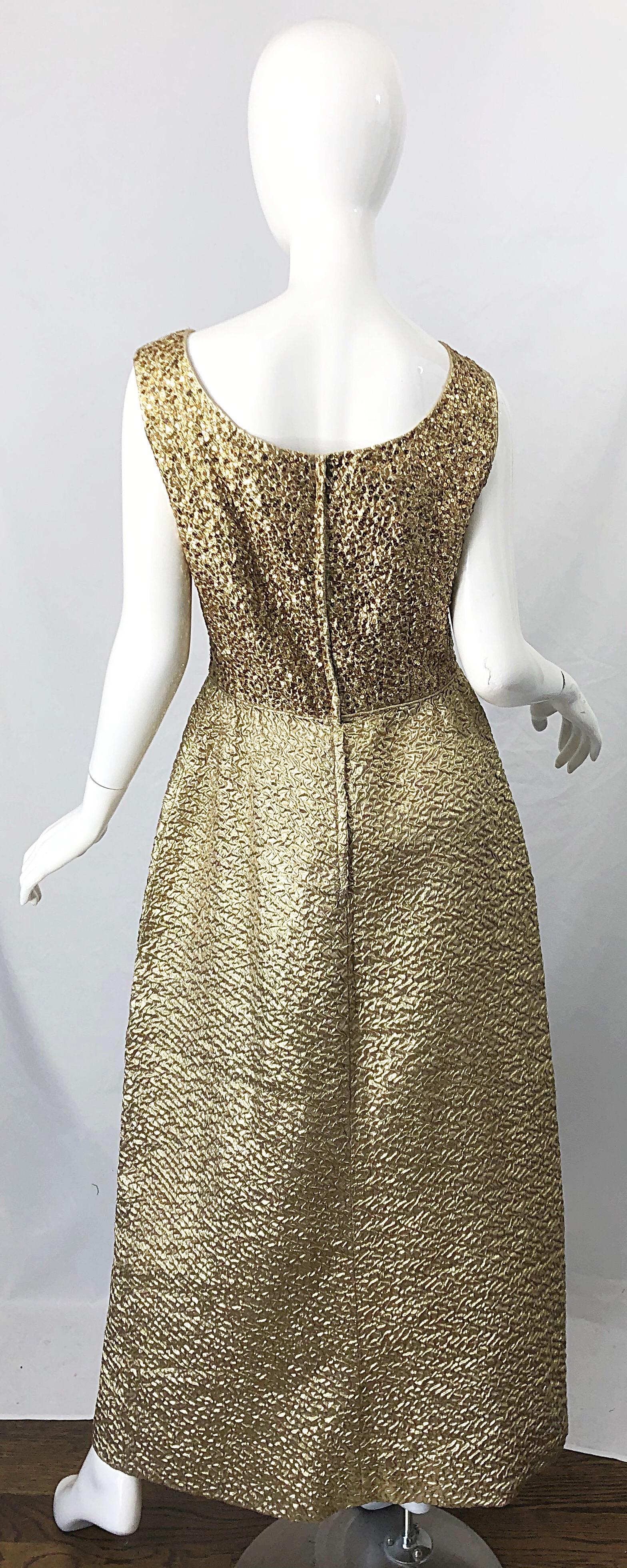 1960s Nat Kaplan Gold Sequin Rhinestone Encrusted Vintage 60s Evening Gown Dress For Sale 8