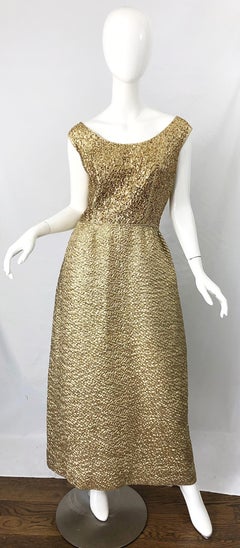 1960s Nat Kaplan Gold Sequin Rhinestone Encrusted Vintage 60s Evening Gown Dress