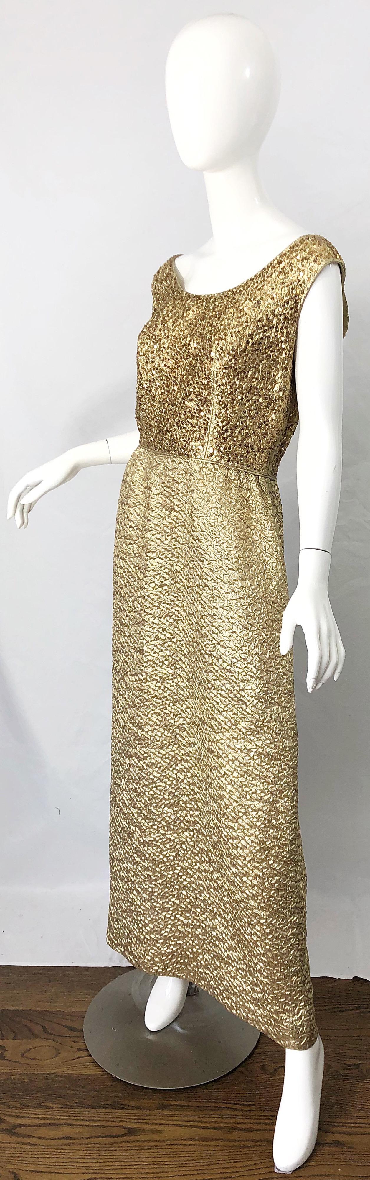 1960s Nat Kaplan Gold Sequin Rhinestone Encrusted Vintage 60s Evening Gown Dress In Excellent Condition For Sale In San Diego, CA