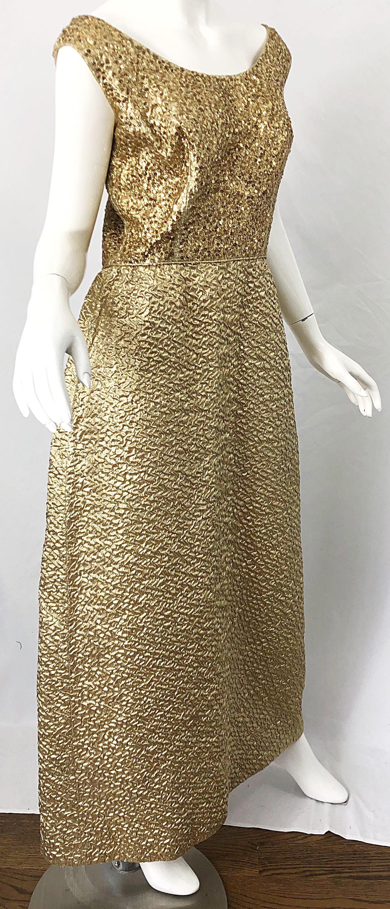 Women's 1960s Nat Kaplan Gold Sequin Rhinestone Encrusted Vintage 60s Evening Gown Dress For Sale