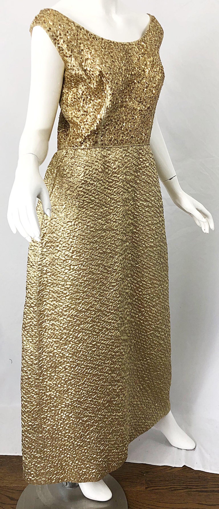 1960s Nat Kaplan Gold Sequin Rhinestone Encrusted Vintage 60s Evening Gown Dress