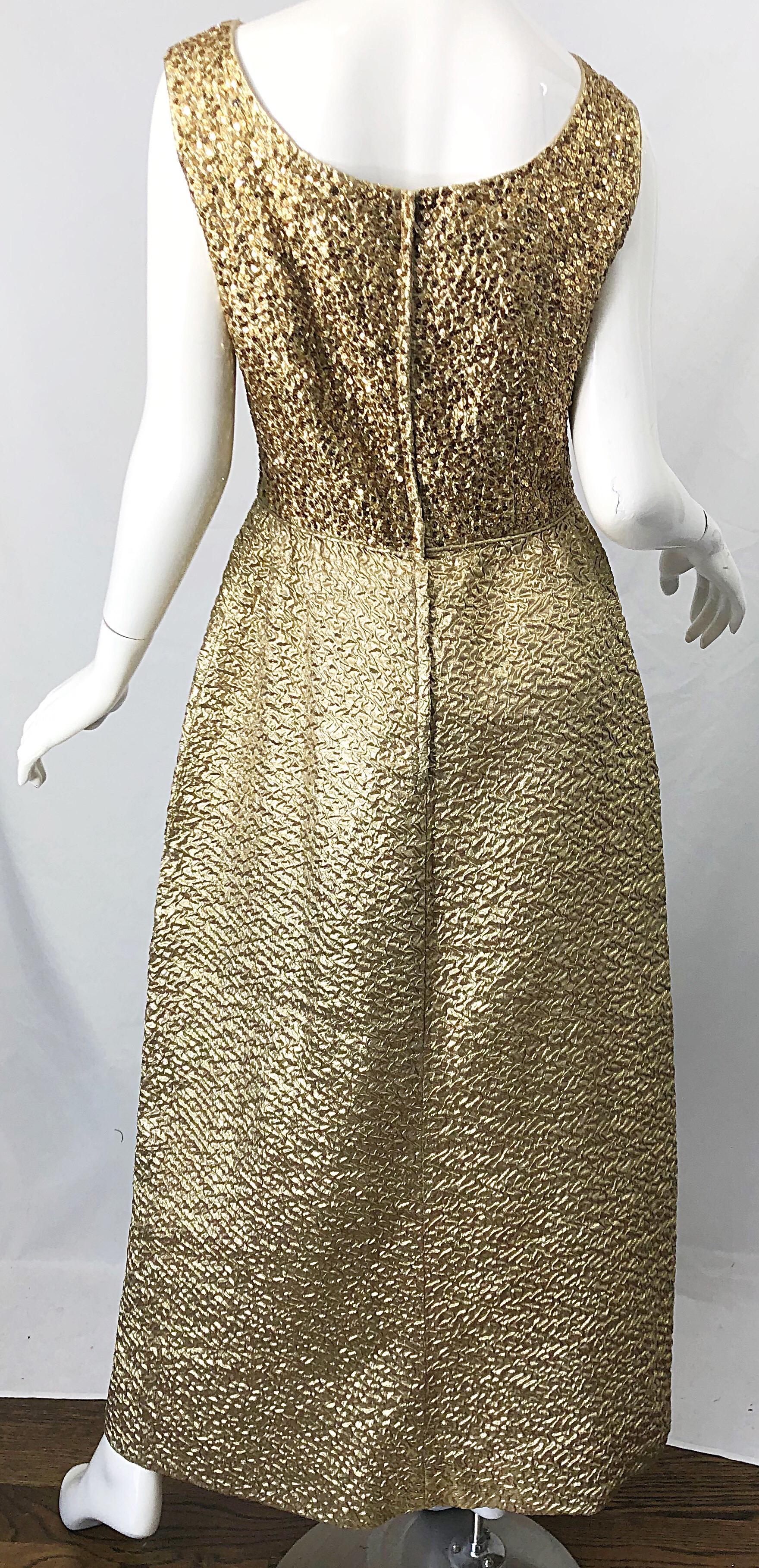 1960s Nat Kaplan Gold Sequin Rhinestone Encrusted Vintage 60s Evening Gown Dress For Sale 1