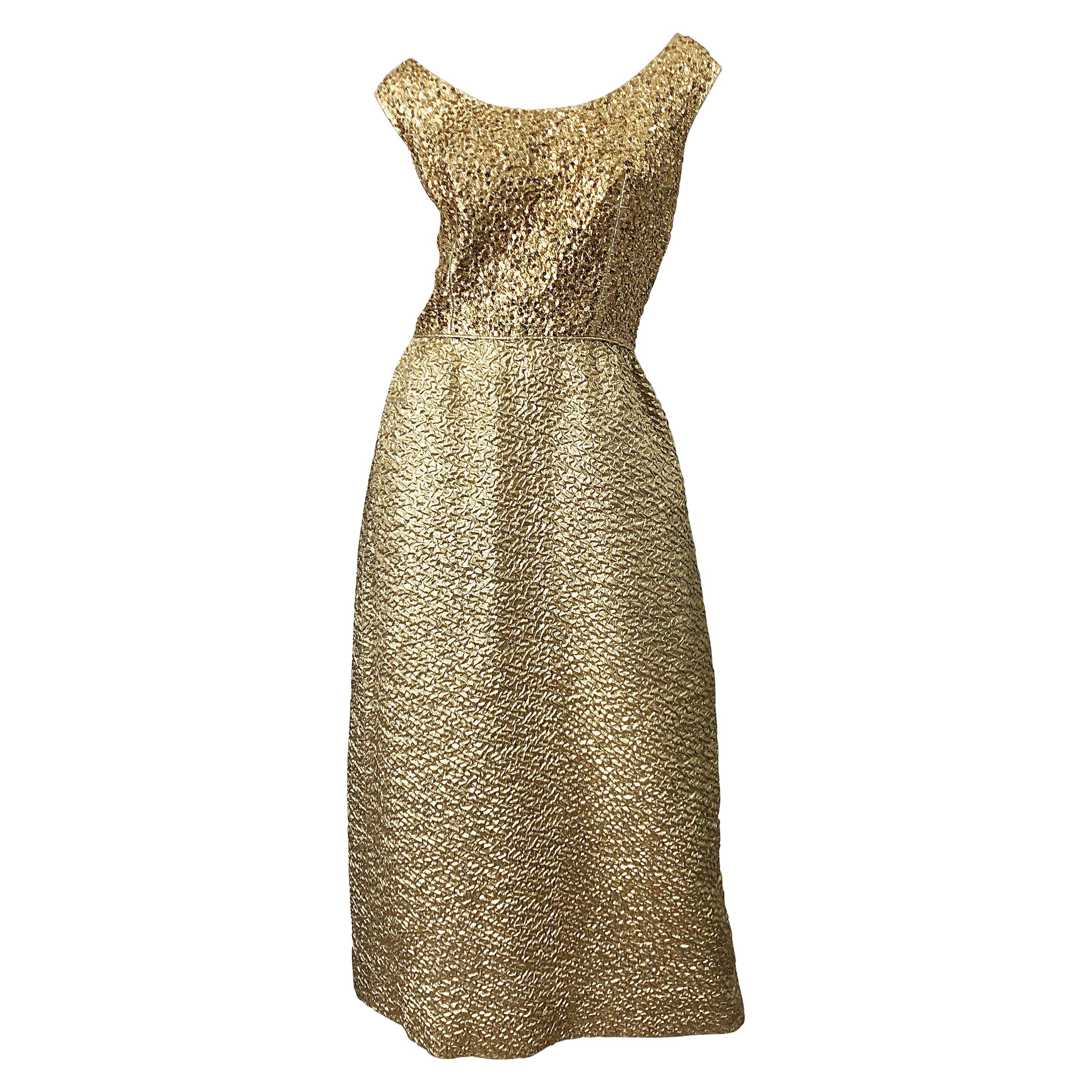 1960s Nat Kaplan Gold Sequin Rhinestone Encrusted Vintage 60s Evening Gown Dress