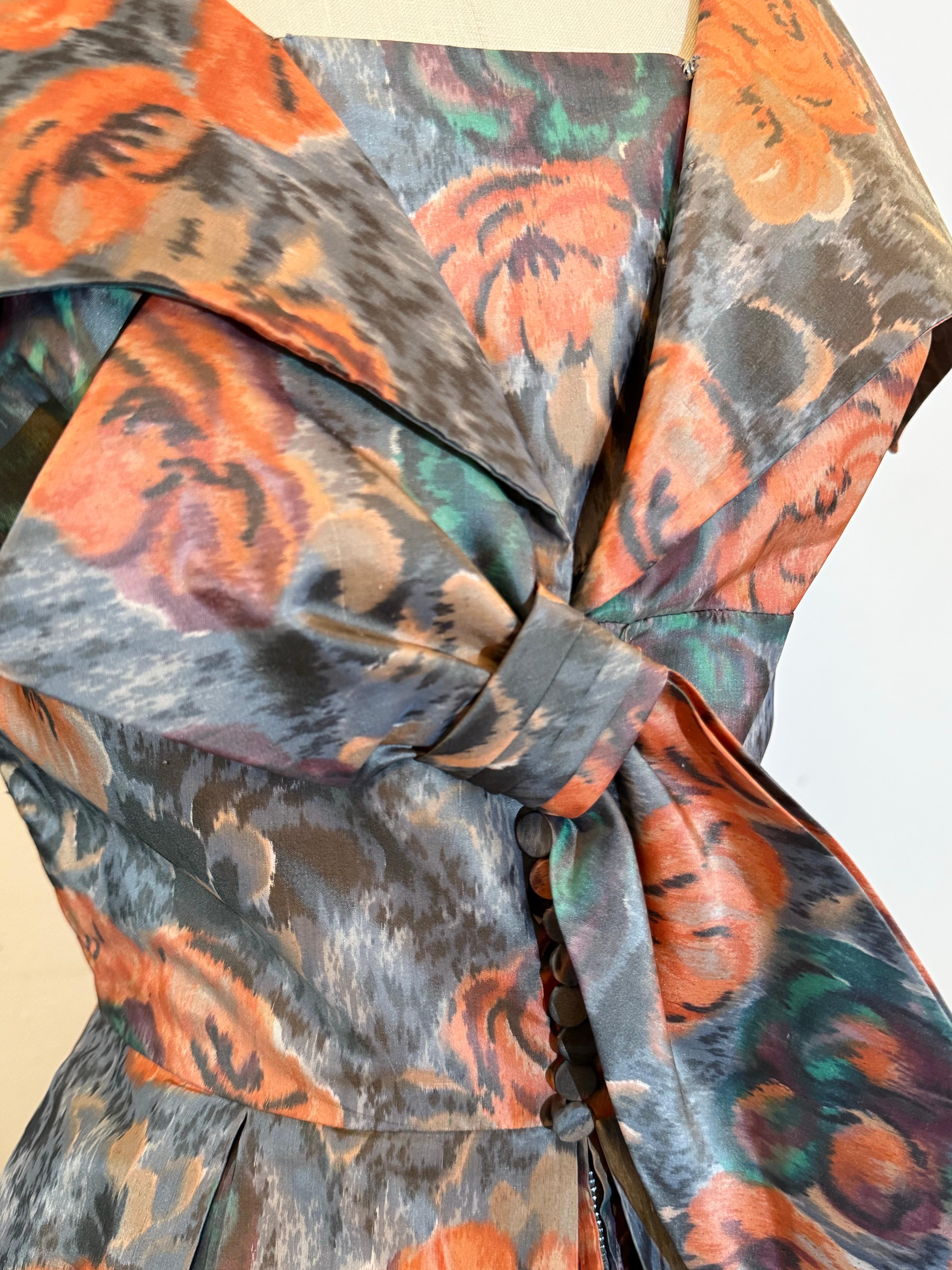 1960s Nathan Strong Silk Taffeta Moire Floral Cocktail Dress w Picture Collar en vente 5