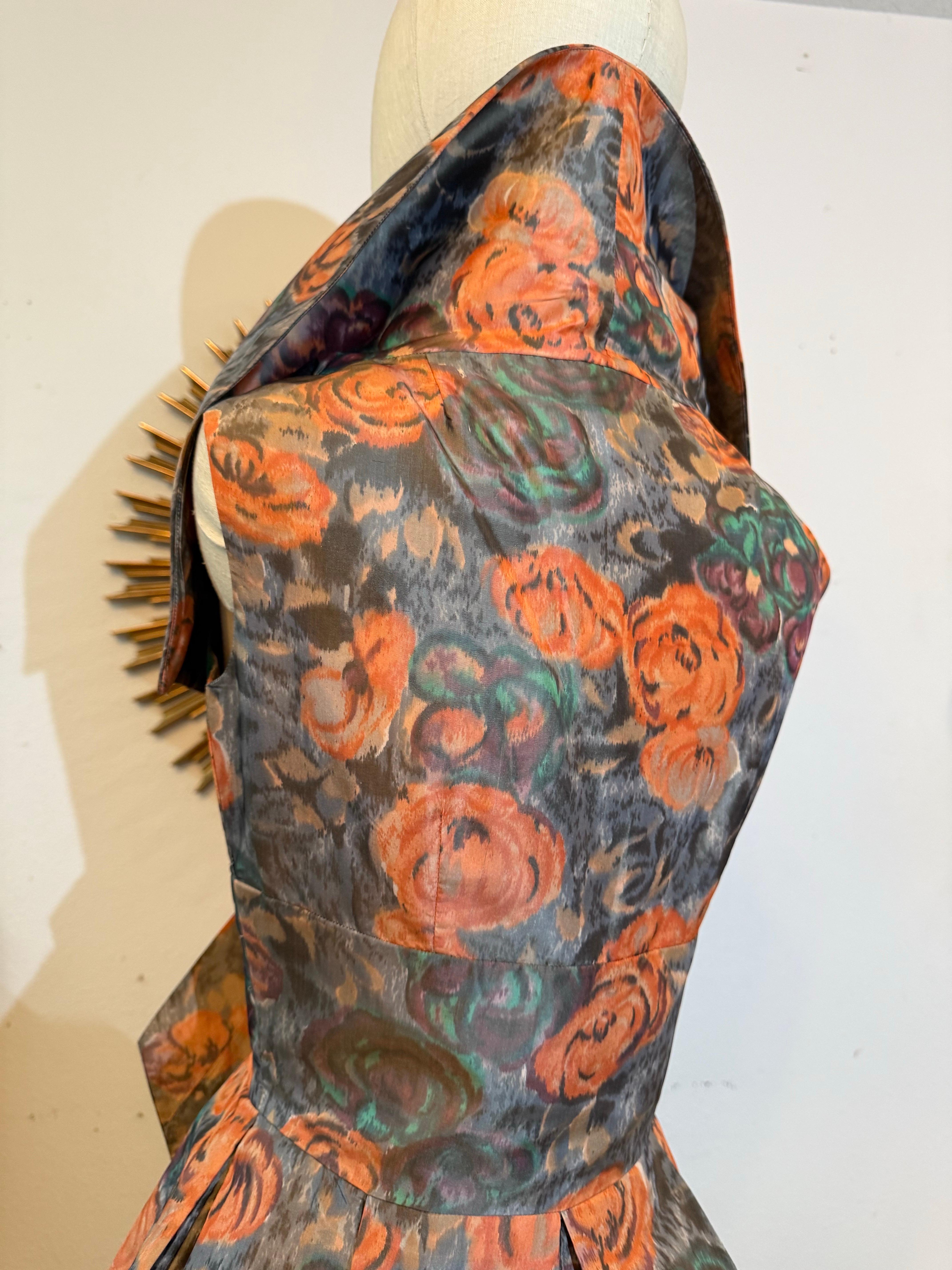 1960s Nathan Strong Silk Taffeta Moire Floral Cocktail Dress w Picture Collar en vente 7