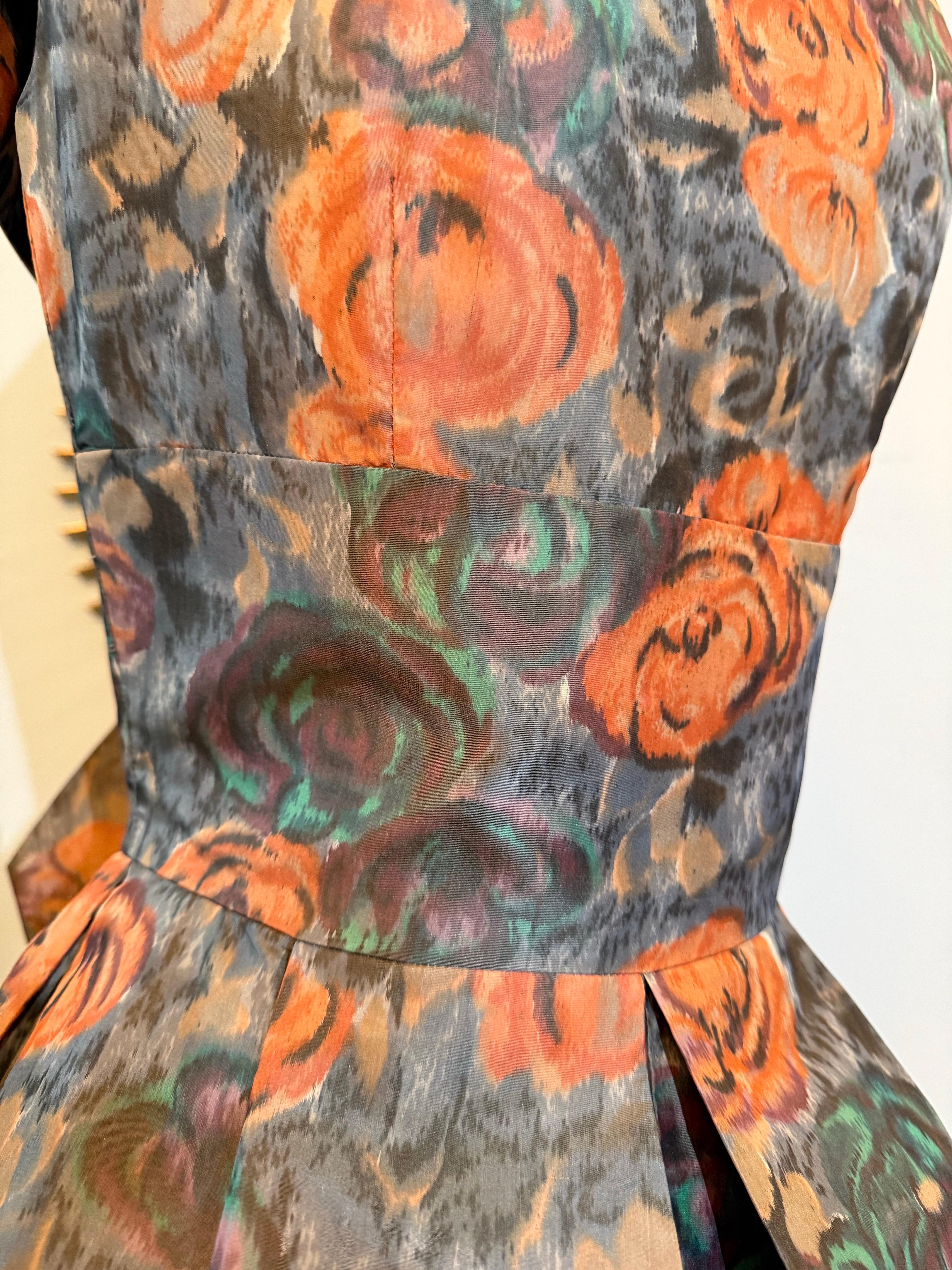 1960s Nathan Strong Silk Taffeta Moire Floral Cocktail Dress w Picture Collar en vente 8