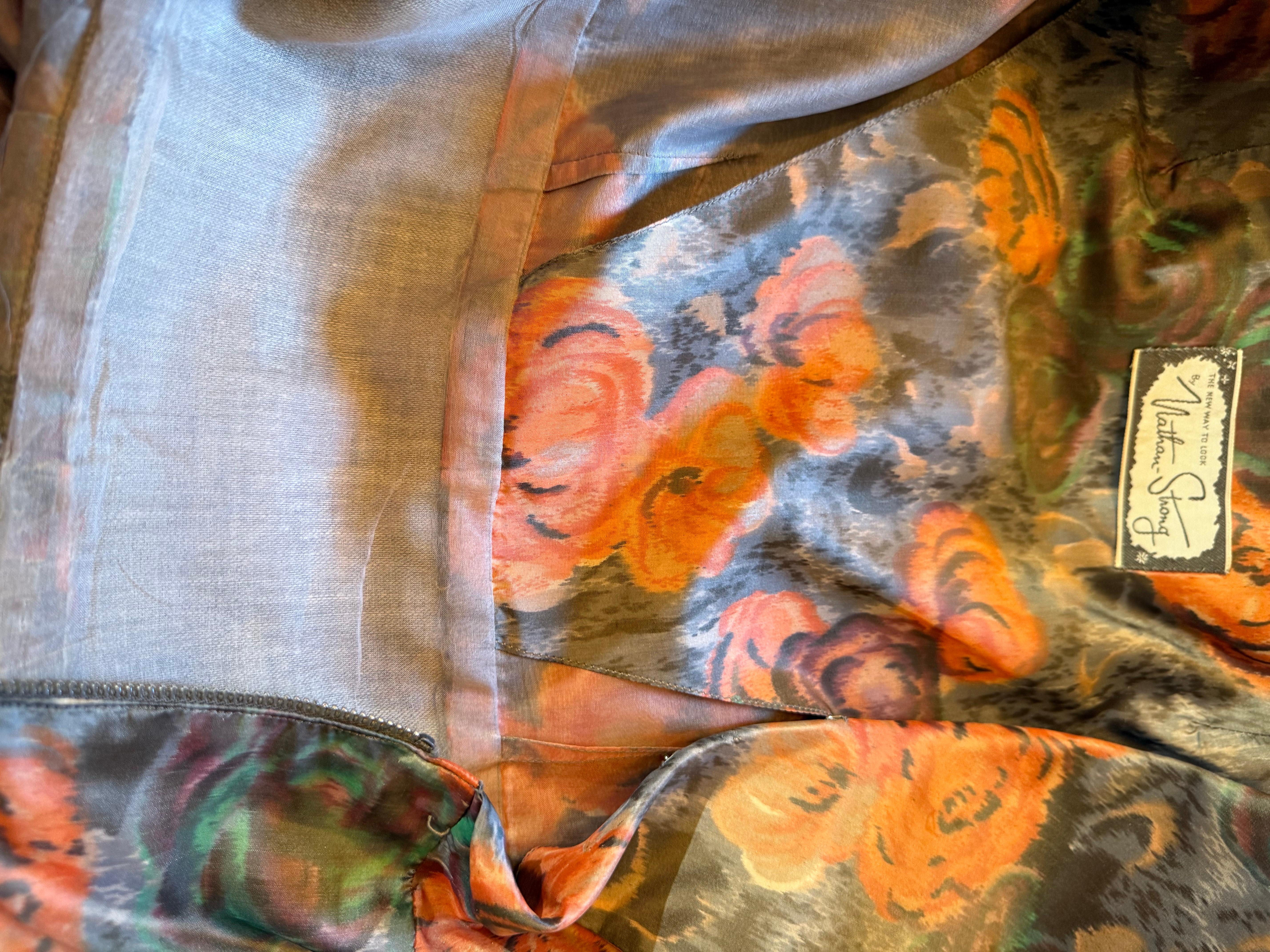 1960s Nathan Strong Silk Taffeta Moire Floral Cocktail Dress w Picture Collar en vente 12