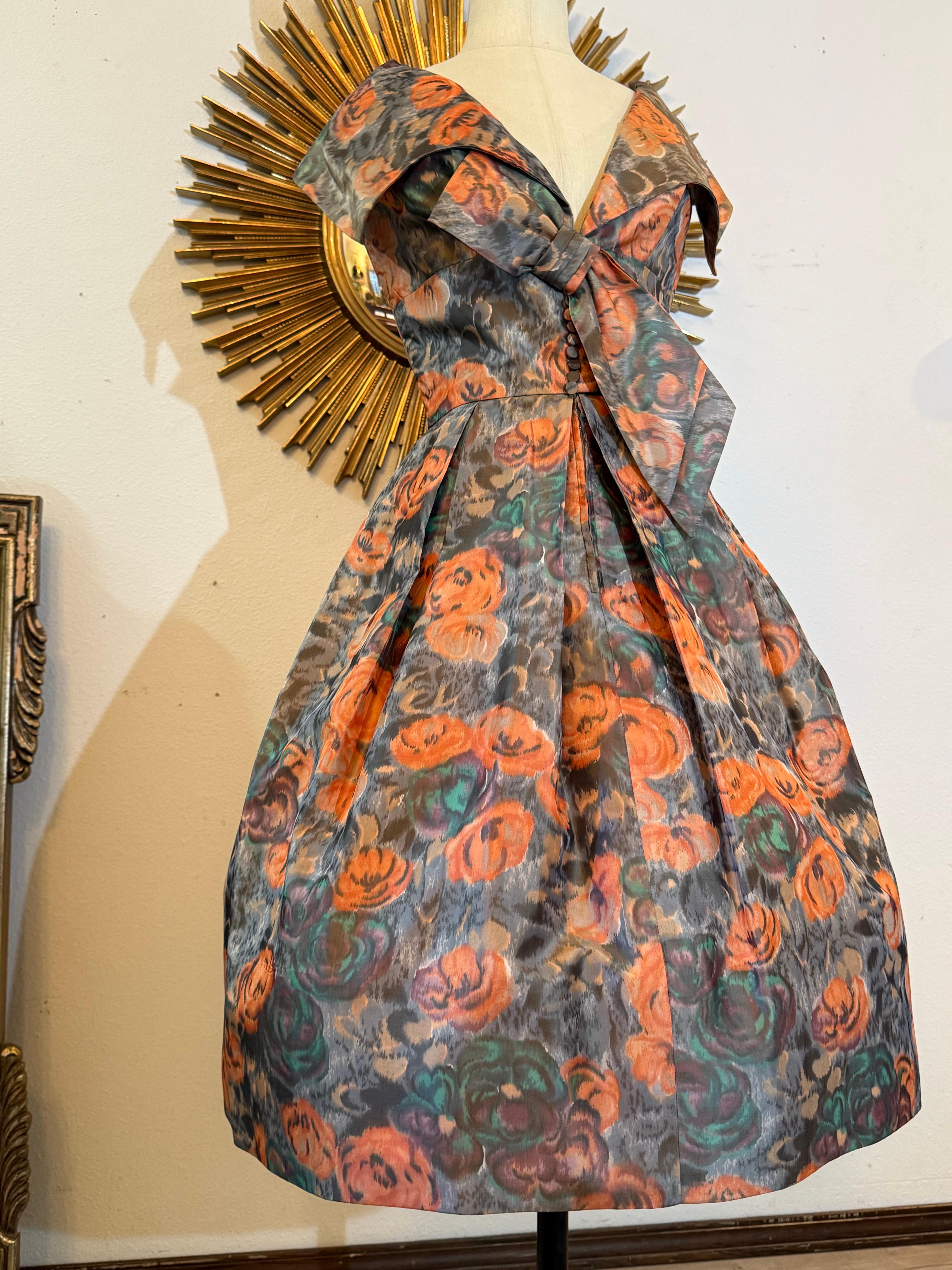 Marron 1960s Nathan Strong Silk Taffeta Moire Floral Cocktail Dress w Picture Collar en vente
