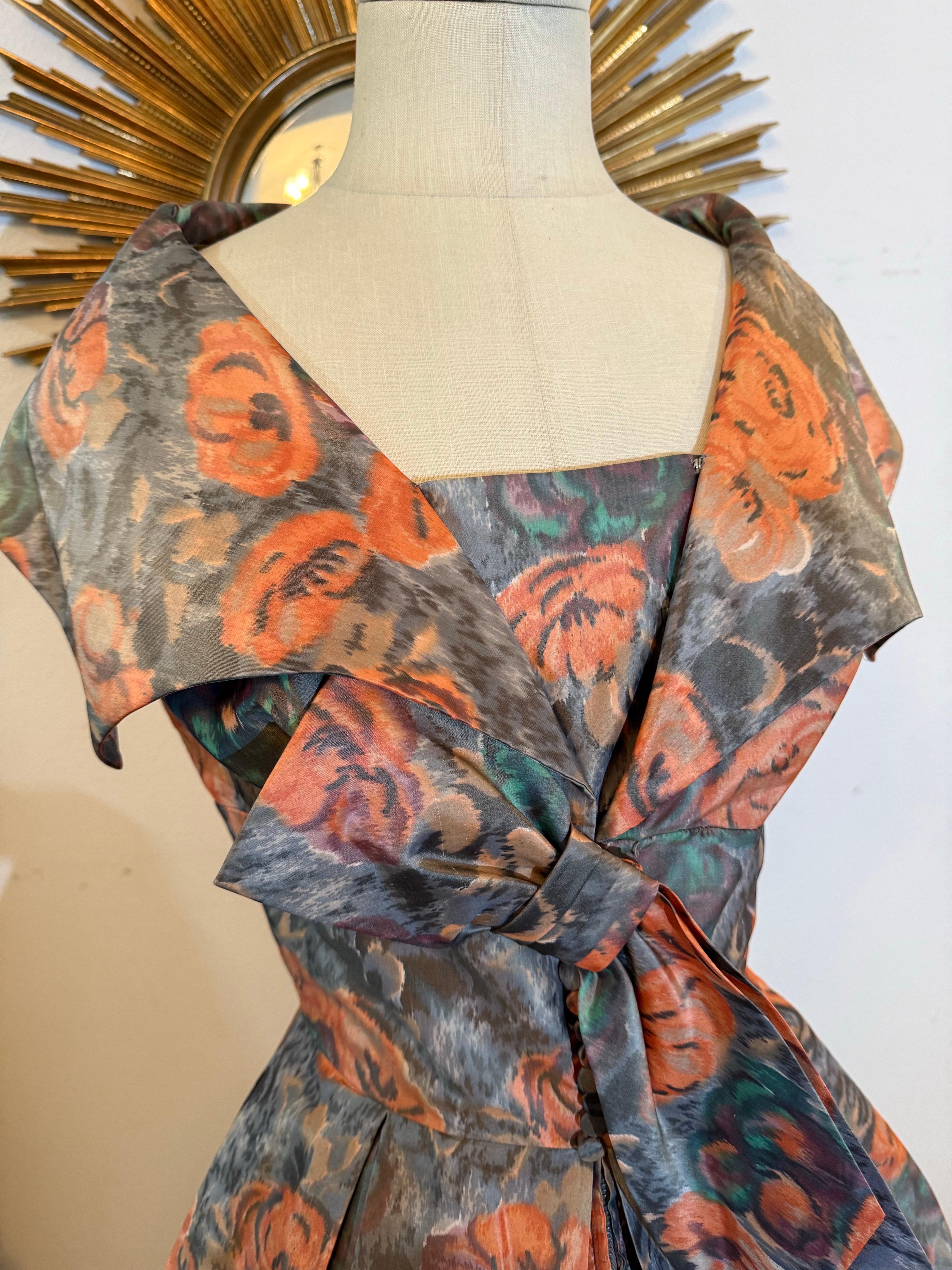 1960s Nathan Strong Silk Taffeta Moire Floral Cocktail Dress w Picture Collar en vente 3