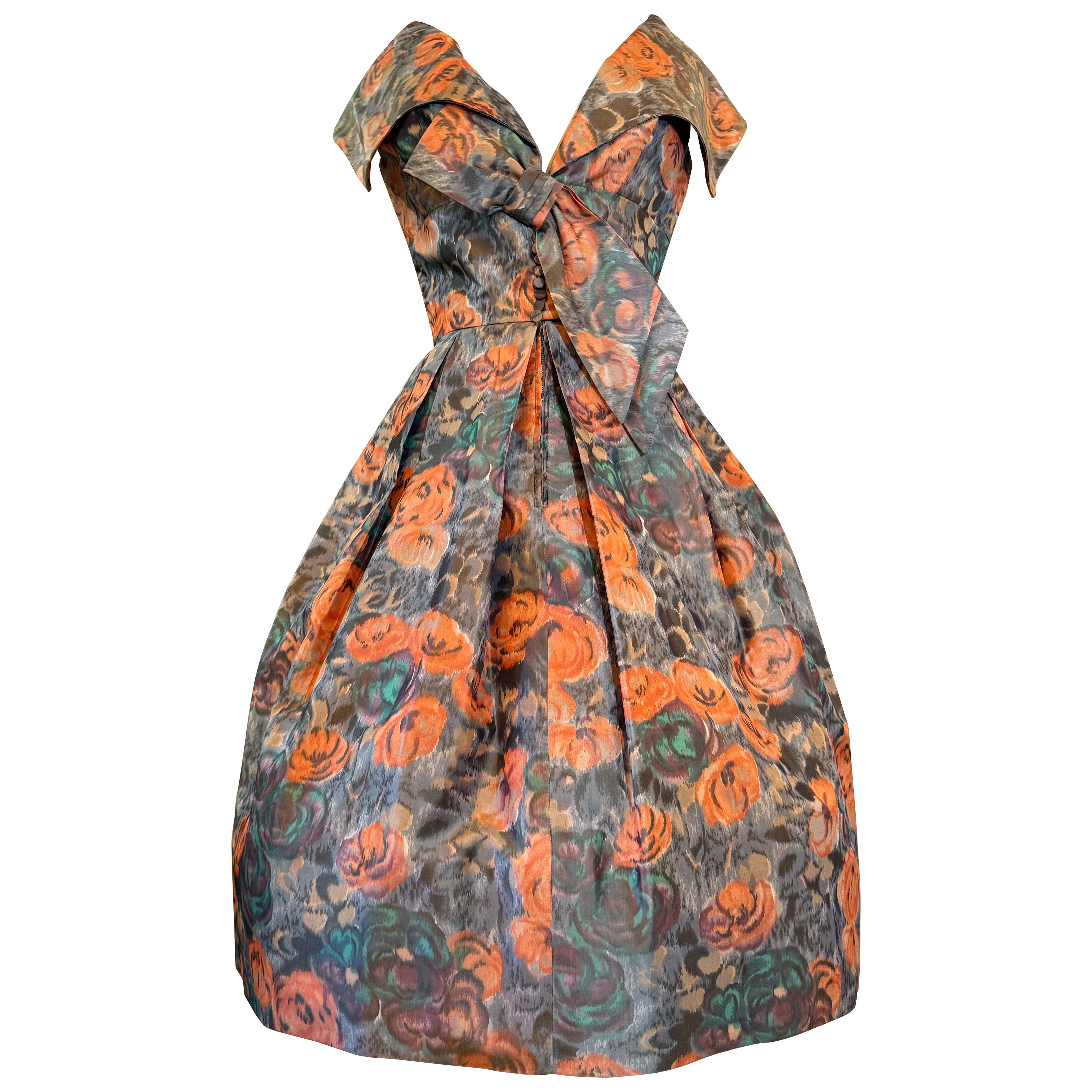 1960s Nathan Strong Silk Taffeta Moire Floral Cocktail Dress w Picture Collar en vente