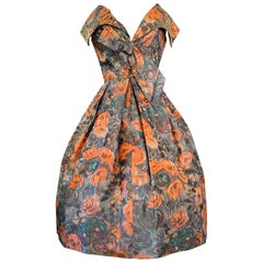 1960s Nathan Strong Silk Taffeta Moire Floral Cocktail Dress w Picture Collar