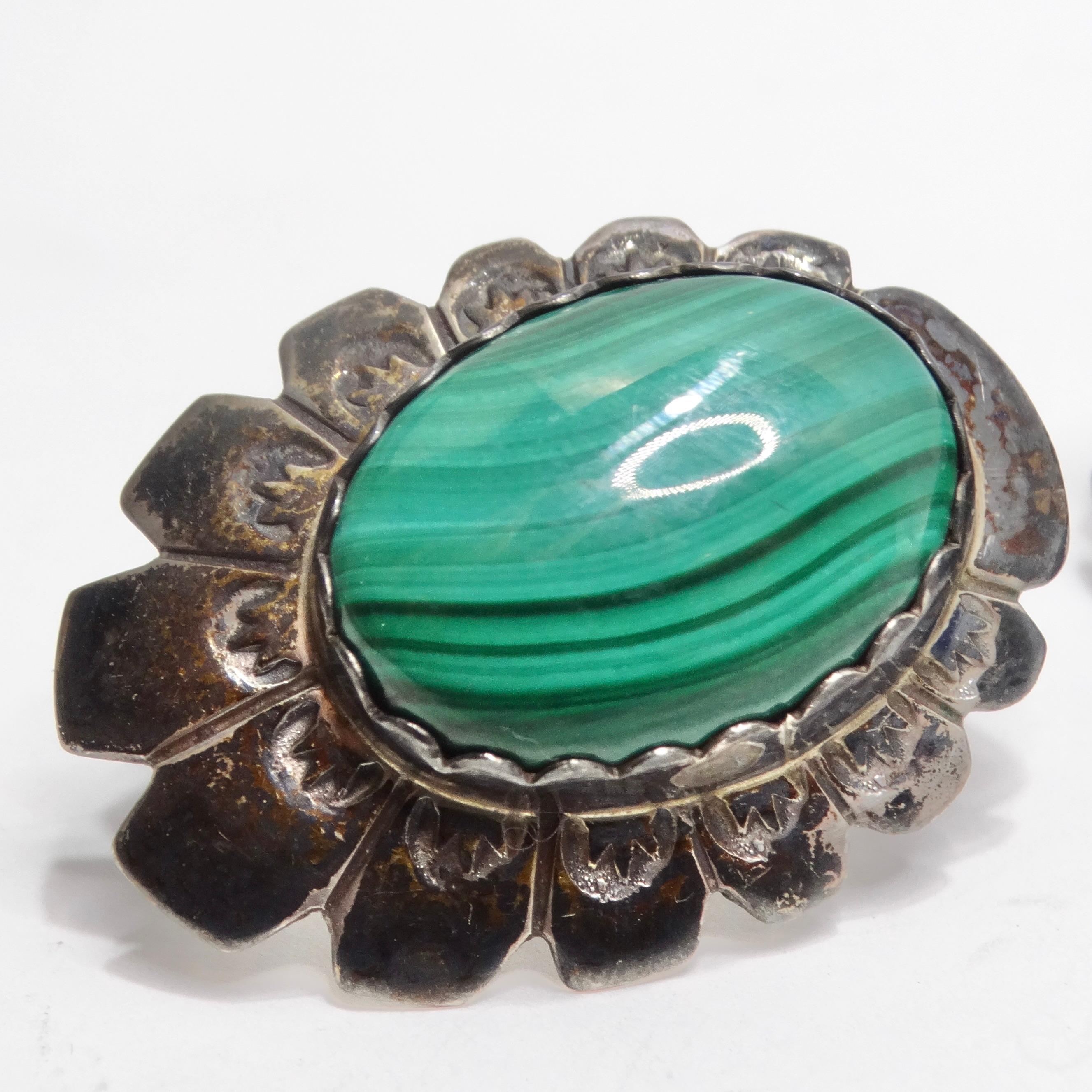 Round Cut 1960s Native American Silver Malachite Earrings For Sale