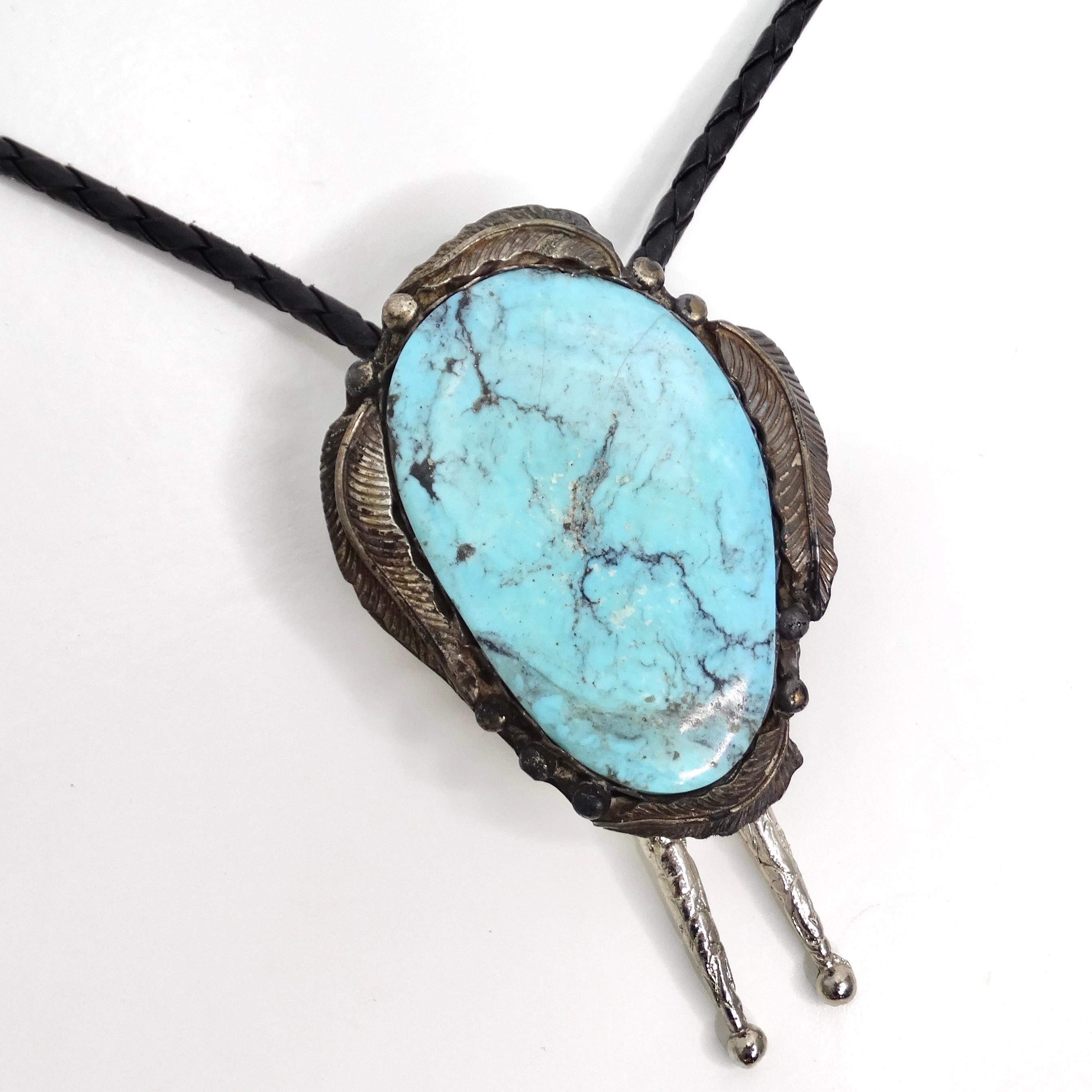 Oval Cut 1960s Native American Silver Turquoise Bolo Necklace For Sale