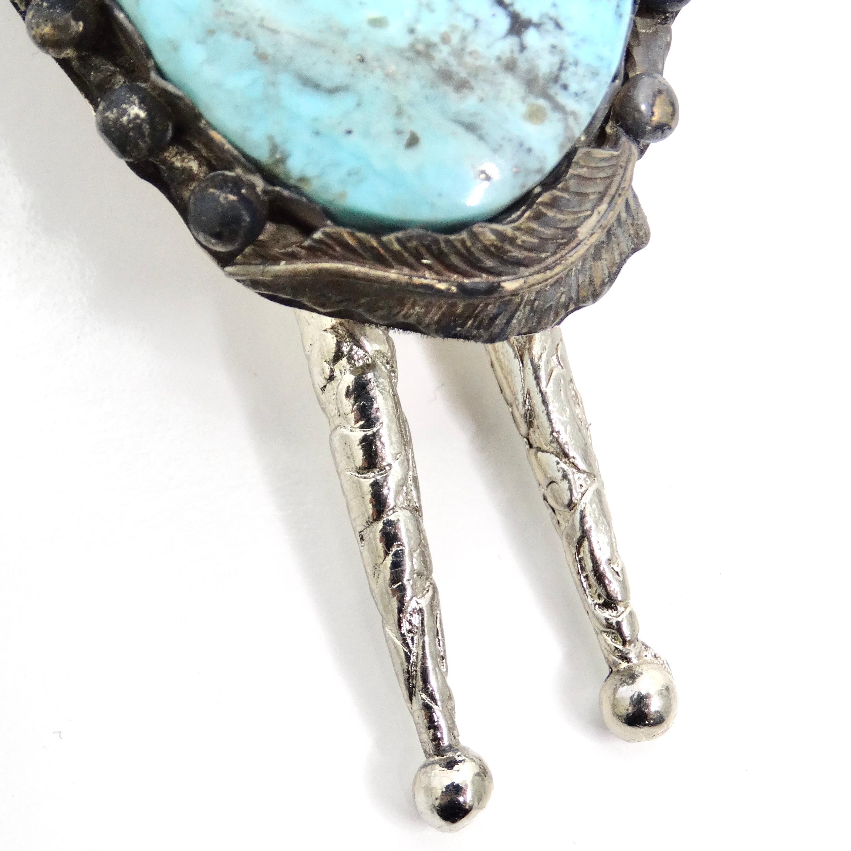Women's or Men's 1960s Native American Silver Turquoise Bolo Necklace For Sale