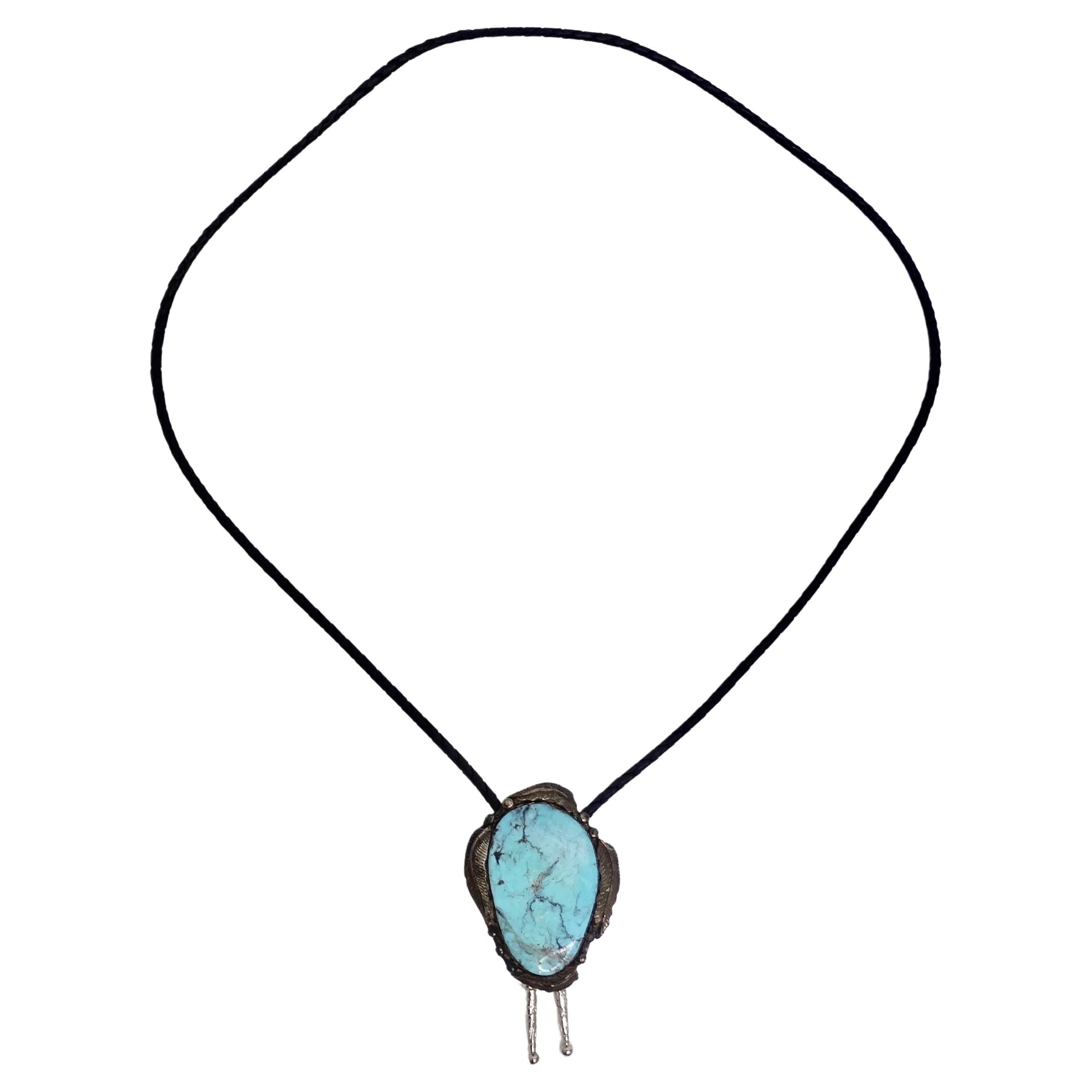 1960s Native American Silver Turquoise Bolo Necklace For Sale