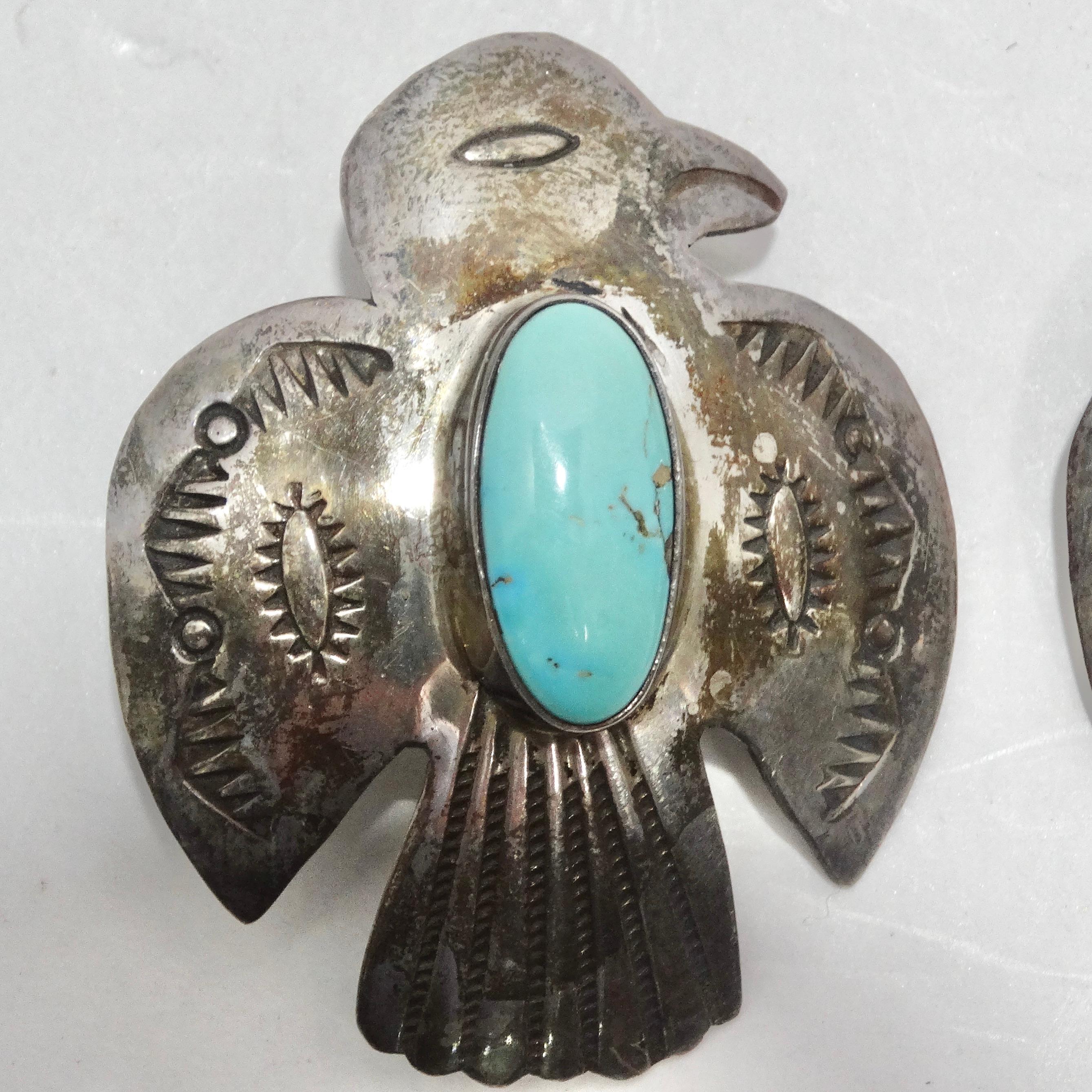 Round Cut 1960s Native American Silver Turquoise Eagle Earrings For Sale