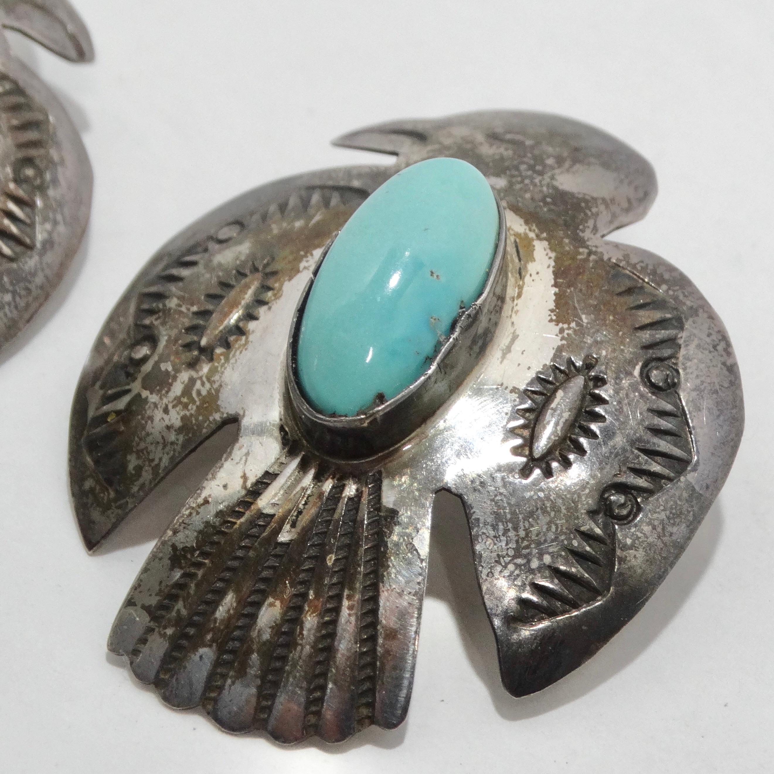 1960s Native American Silver Turquoise Eagle Earrings In Good Condition For Sale In Scottsdale, AZ