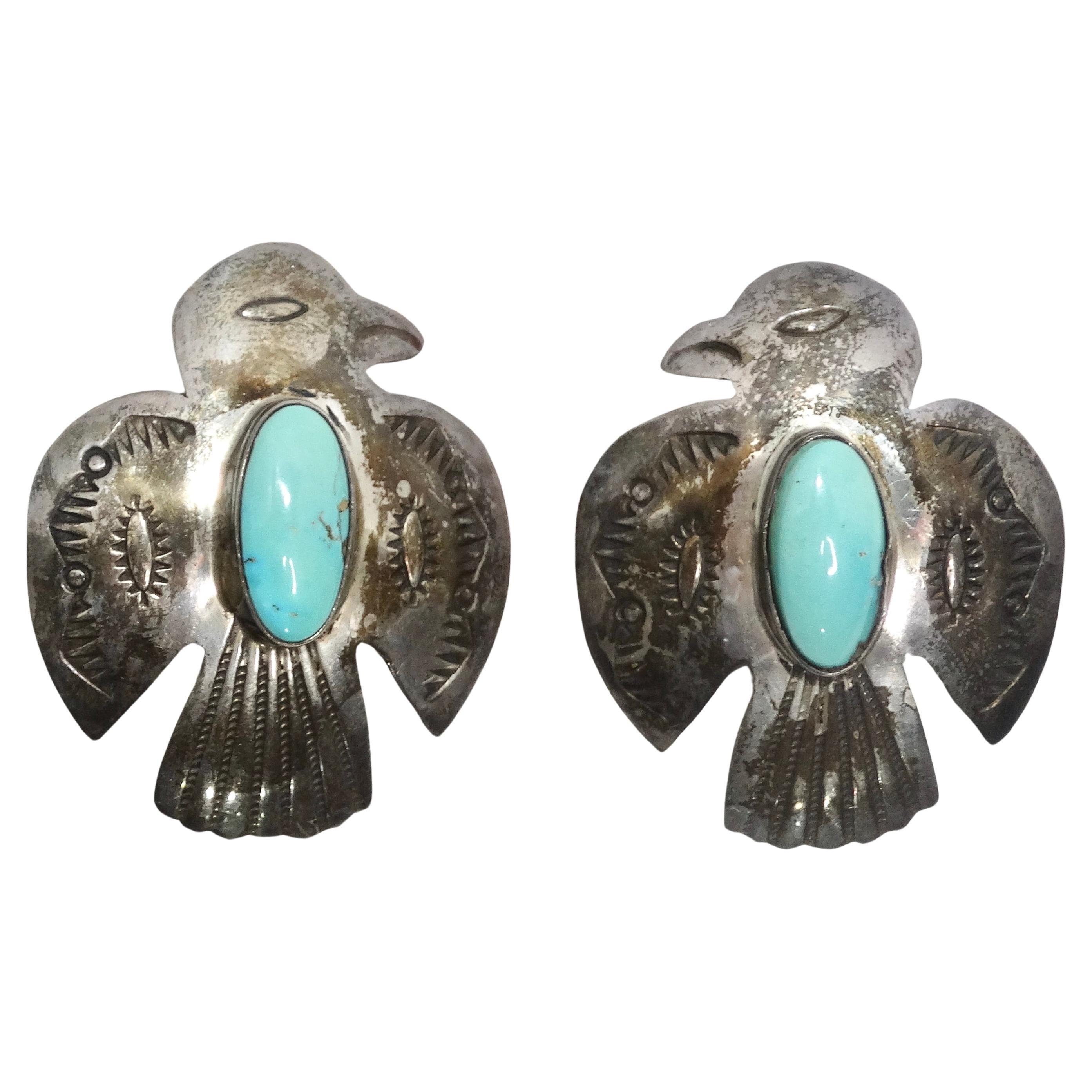 1960s Native American Silver Turquoise Eagle Earrings For Sale
