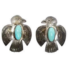 Vintage 1960s Native American Silver Turquoise Eagle Earrings