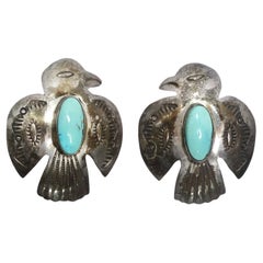 1960s Native American Silver Turquoise Eagle Earrings