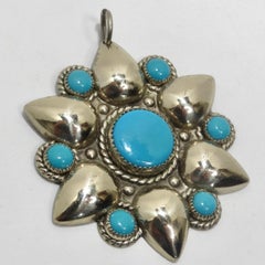 1960s Native American Silver Turquoise Flower Pendent