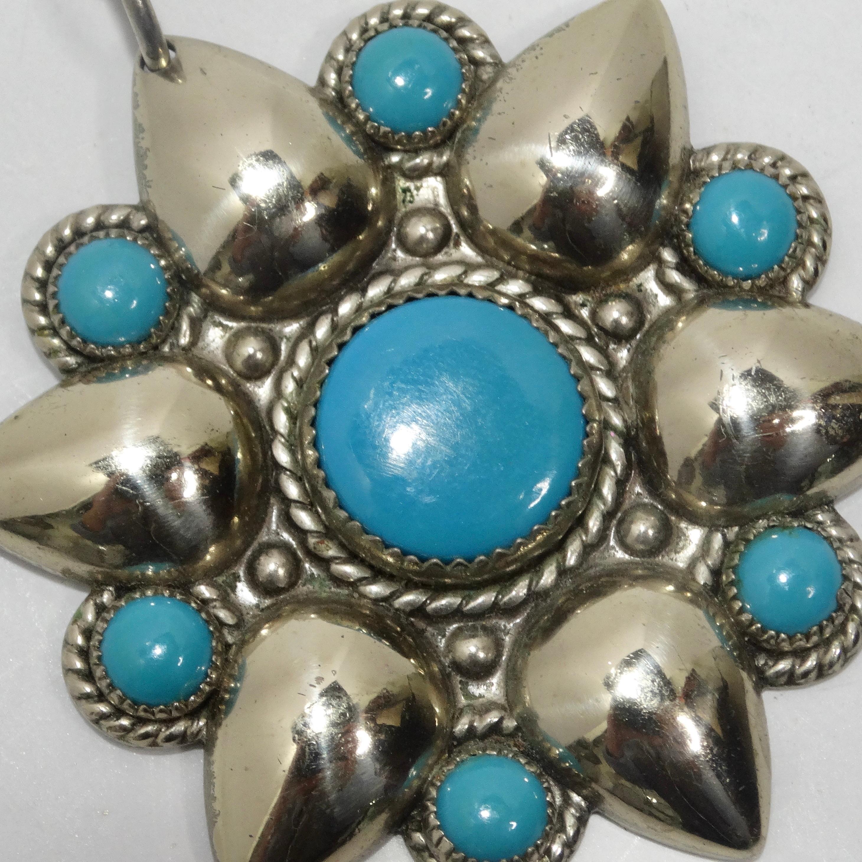 Round Cut 1960s Native American Silver Turquoise Flower Pendent For Sale