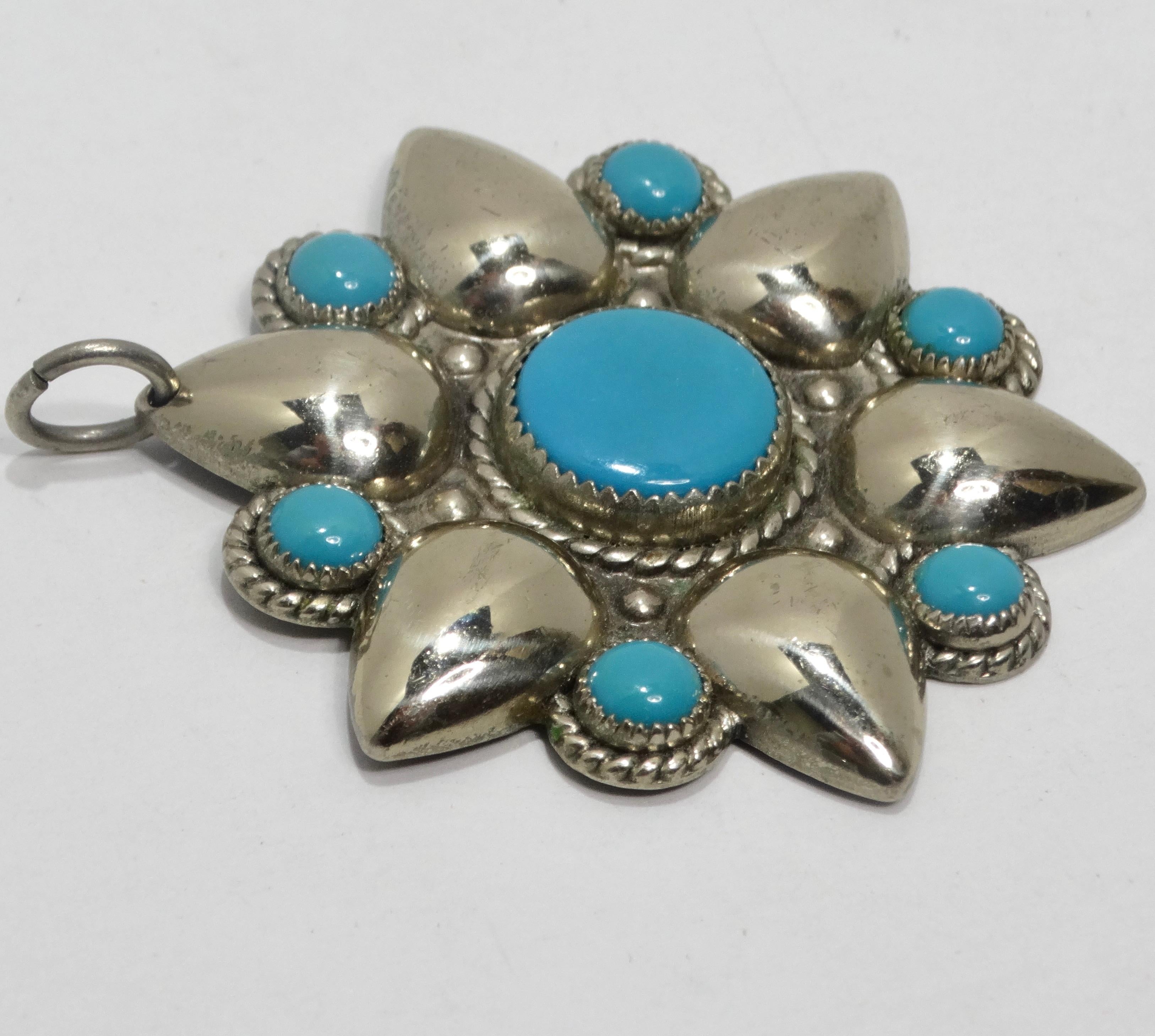 1960s Native American Silver Turquoise Flower Pendent In Good Condition For Sale In Scottsdale, AZ