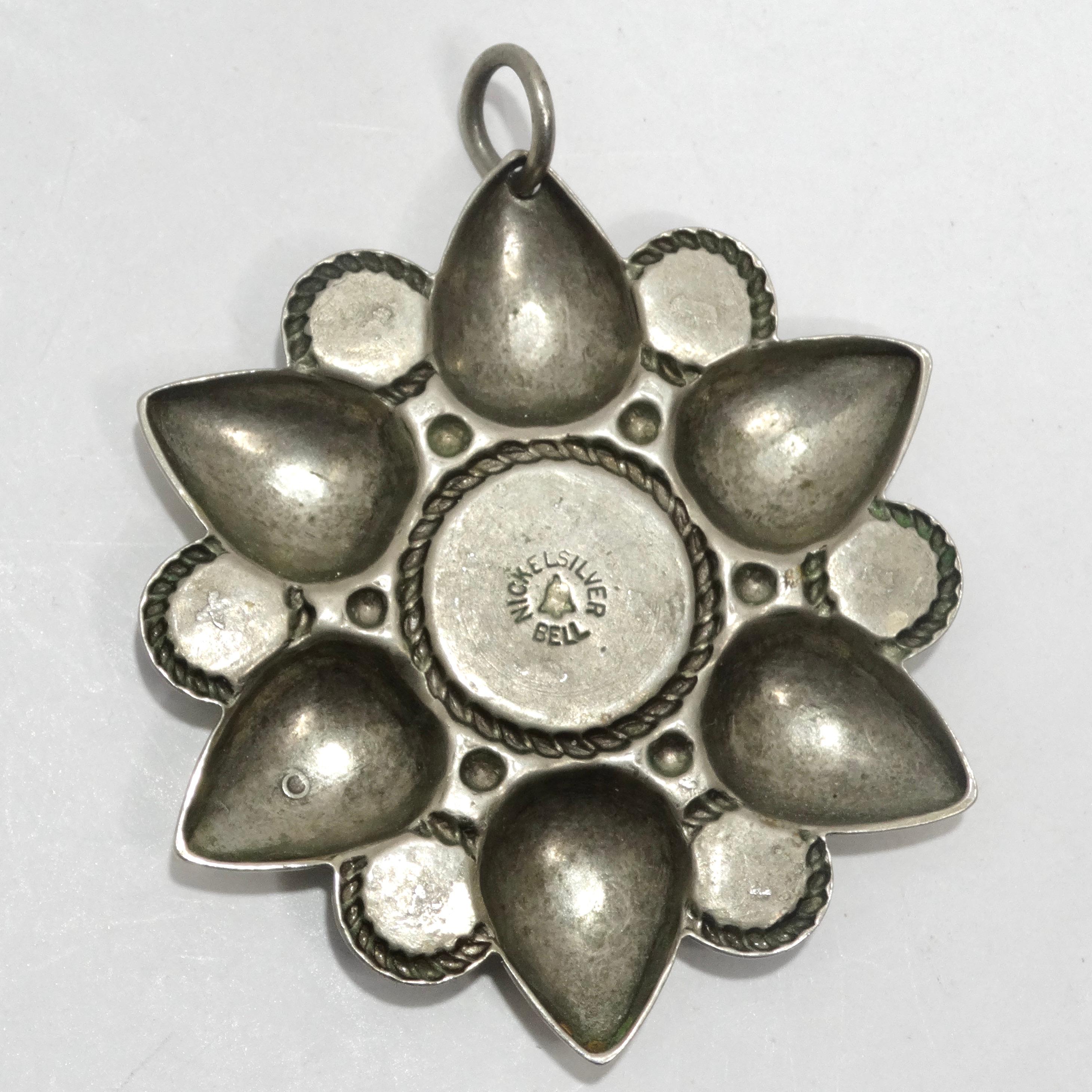 Women's or Men's 1960s Native American Silver Turquoise Flower Pendent For Sale